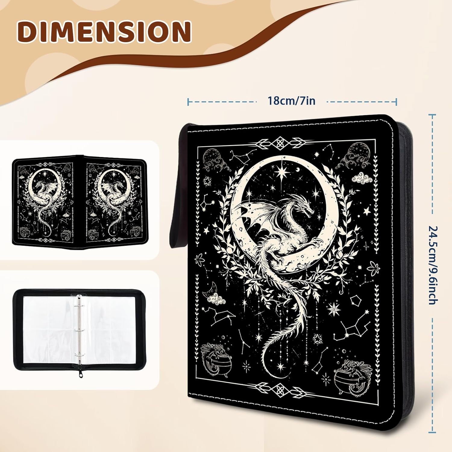 Wazzio Dragon Card Binder 4 Pocket, 3-Ring Trading Card Binder with 50 Removable Double-Sided Sleeves, Waterproof PU Leather Zipper Binder for Sports Cards