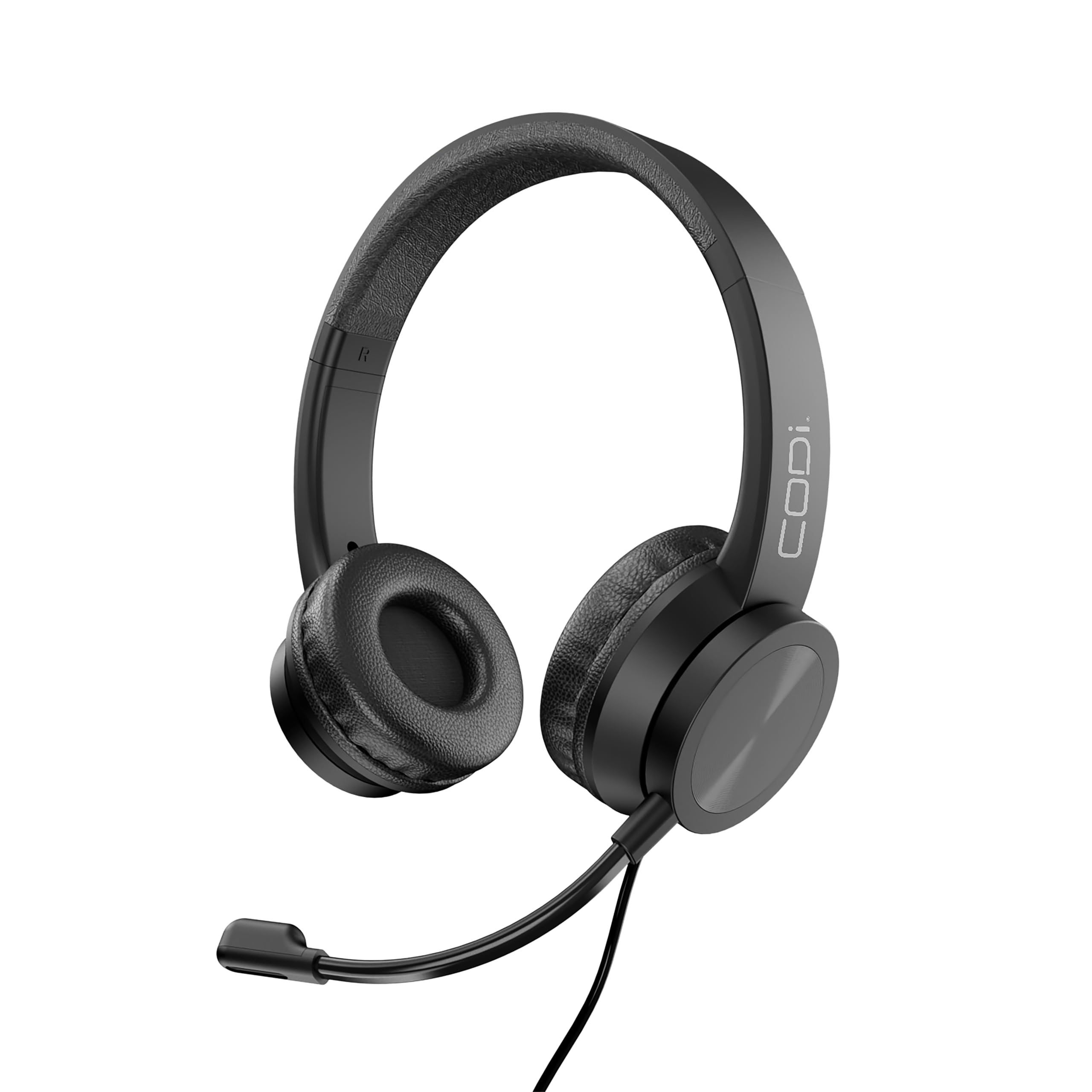 Casque antibruit USB-A CODi, présentant un casque circum-aural avec microphone à perche réglable et commandes intégrées au câble.