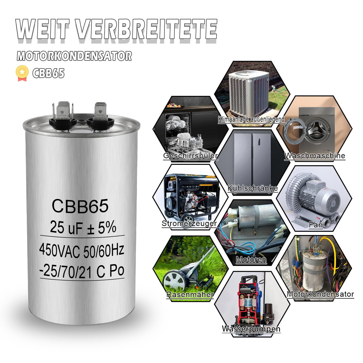 Condensatore motore CBB65 25uF 450V AC 50/60Hz auto-guarigione alloggiamento metallo per aria condizionata