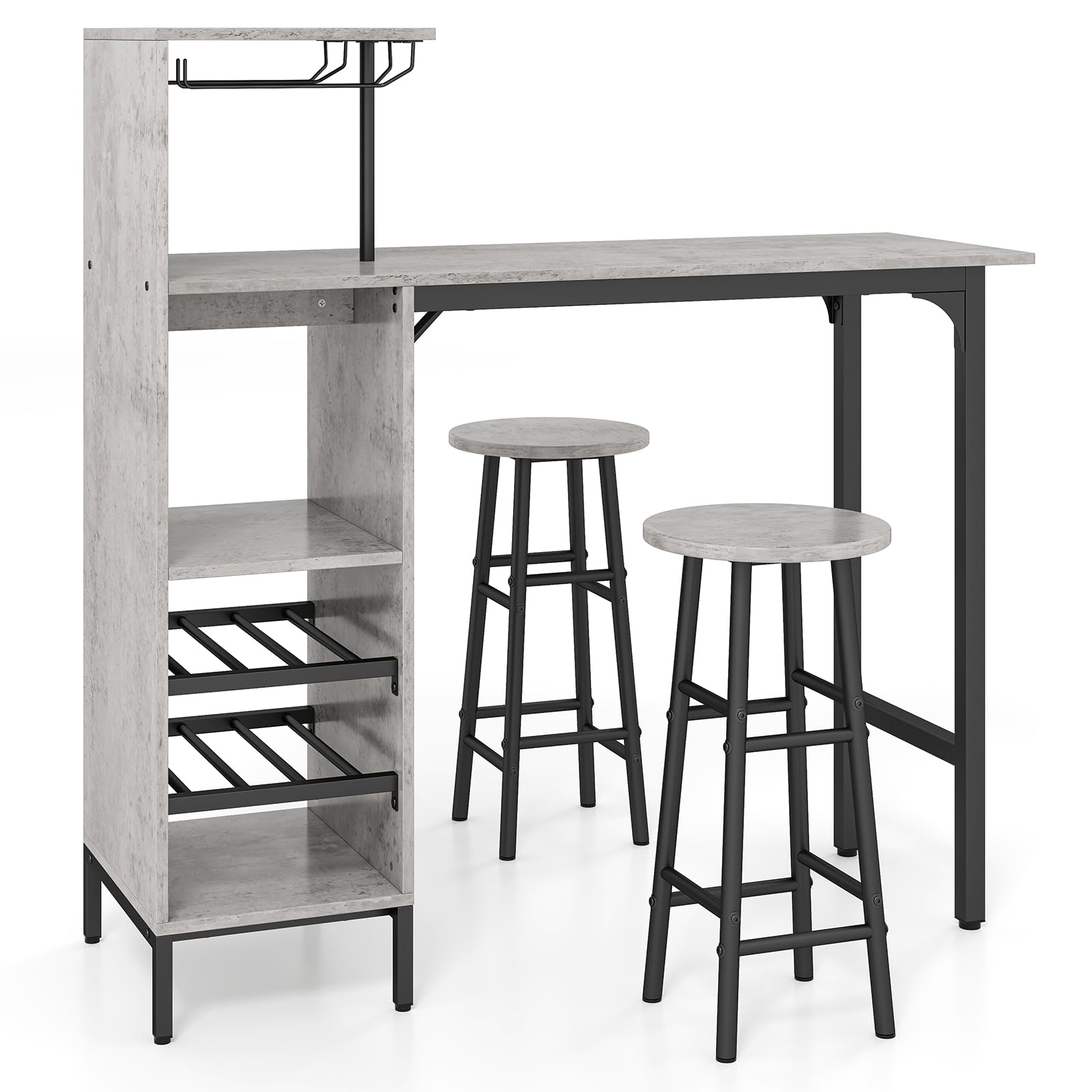 LIFEZEAL Juego de Comedor con 2 taburetes de Bar, Barra de Cocina con 2 sillas Altas, Mesa de Bar con peldaños Abiertos, botellero para Copas de Vino, para Cocina, salón y Bar (Gris)