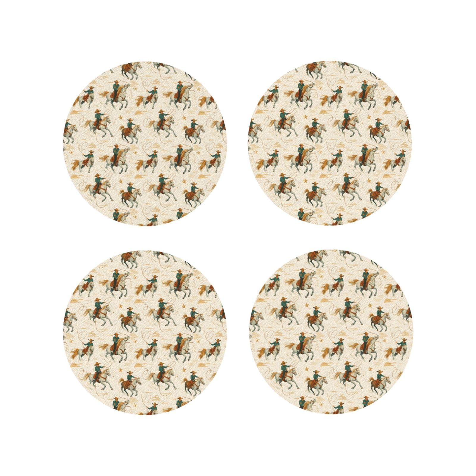 Leather Coasters Set of 4 - Western Cowboy Horse Print Lightweight Drink Coasters for Desk