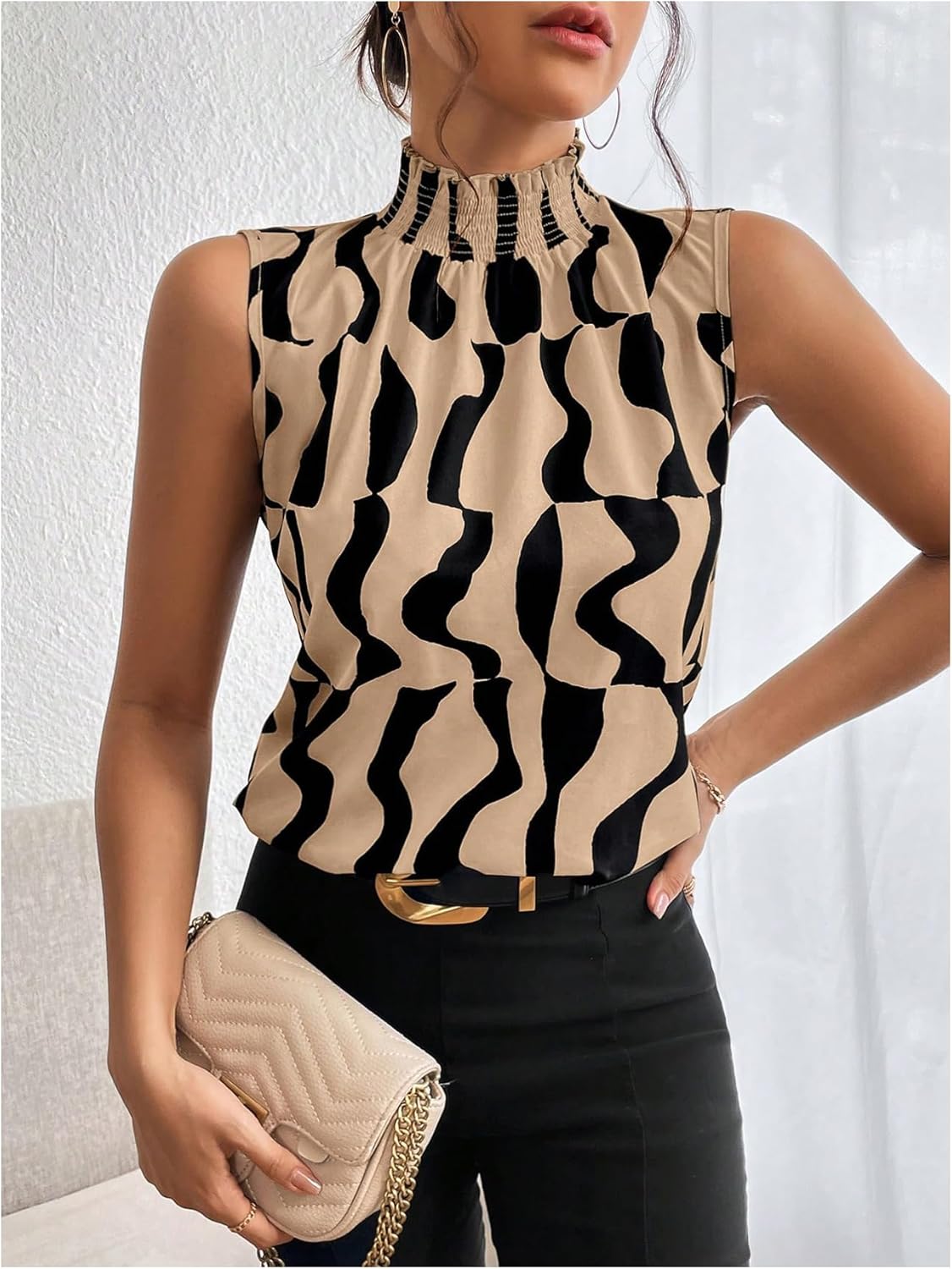 Floerns Women's Geo Print Sleeveless Vest Frill Trim Mock Neck Elegant Blouse Tops - Image 3