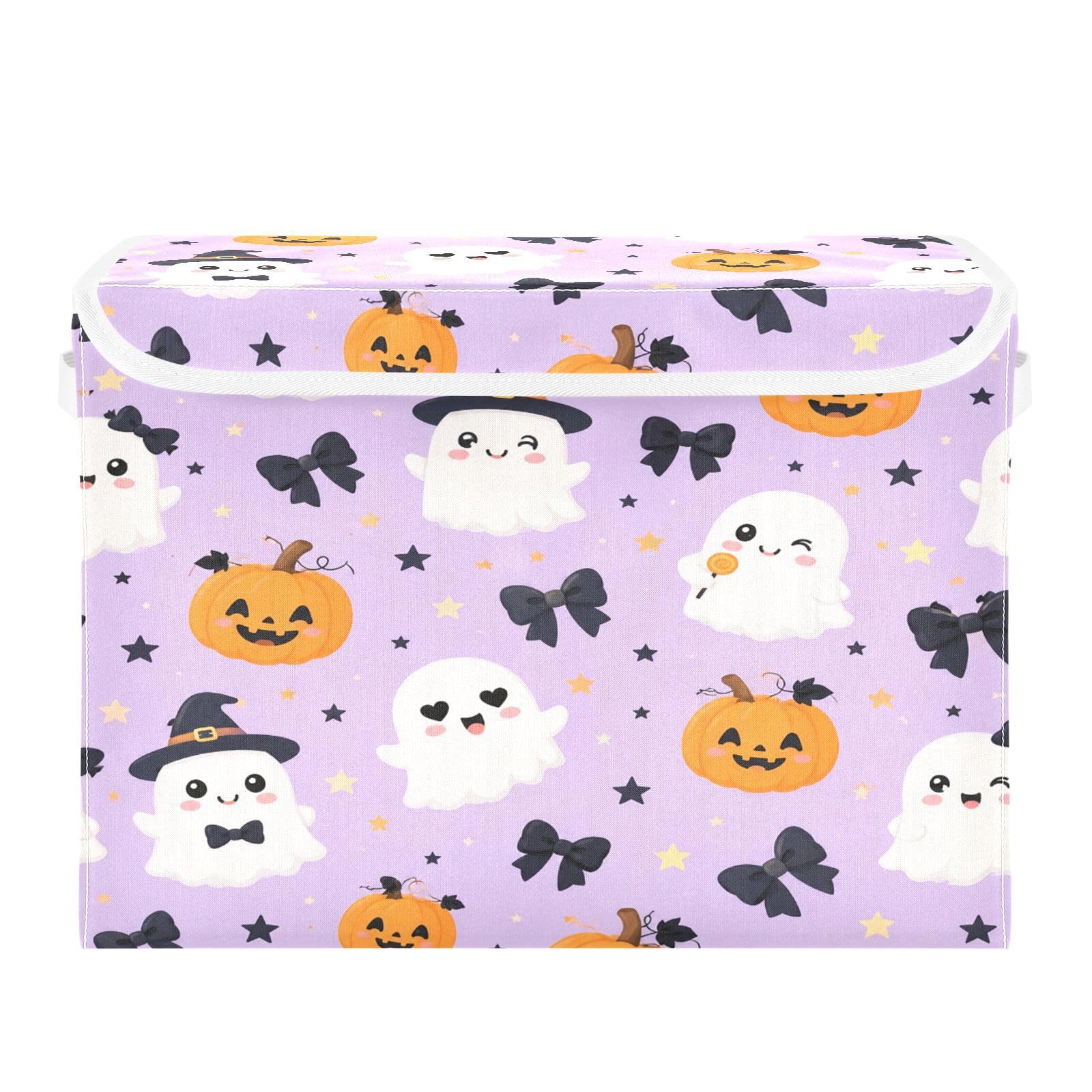 Ewusp Halloween Boo Fabric Storage Bin with Lid, Decorative Foldable Storage Basket with Handles, Stackable Closet Shelf Organiser Box for Clothes, Books, Bedroom, Living Room