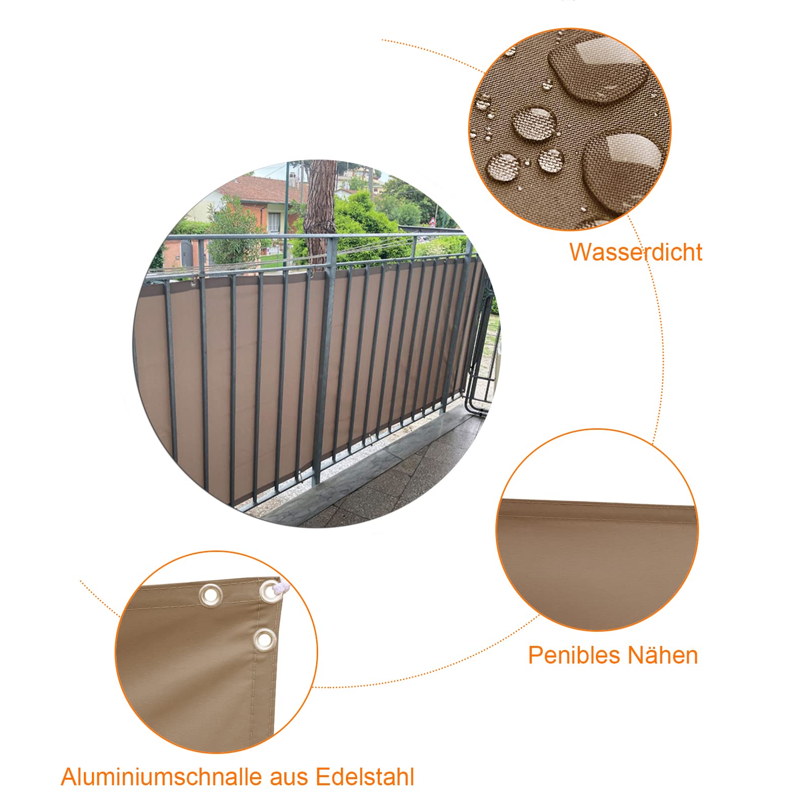 Khakifarbene Balkonabdeckung 110 x 500 cm, blickdicht, mit Kabelbindern und Seil, ideal für Geländer, schützt Garten und Terrasse.