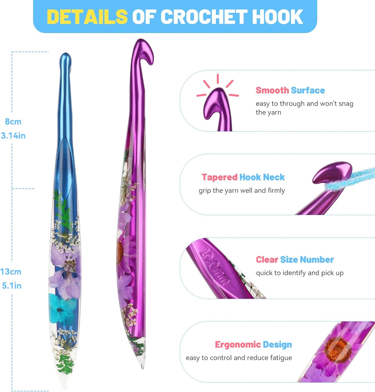 Aeelike Crochet Hooks Set, 6.0mm-10.0mm Ergonomic Crochet Hooks with Long Floral Handle-Super Shinny and Unique for DIY Crfats Blnaket Sweaters, Ideal & Beautiful Gifts for Mothers Crocheting Lovers