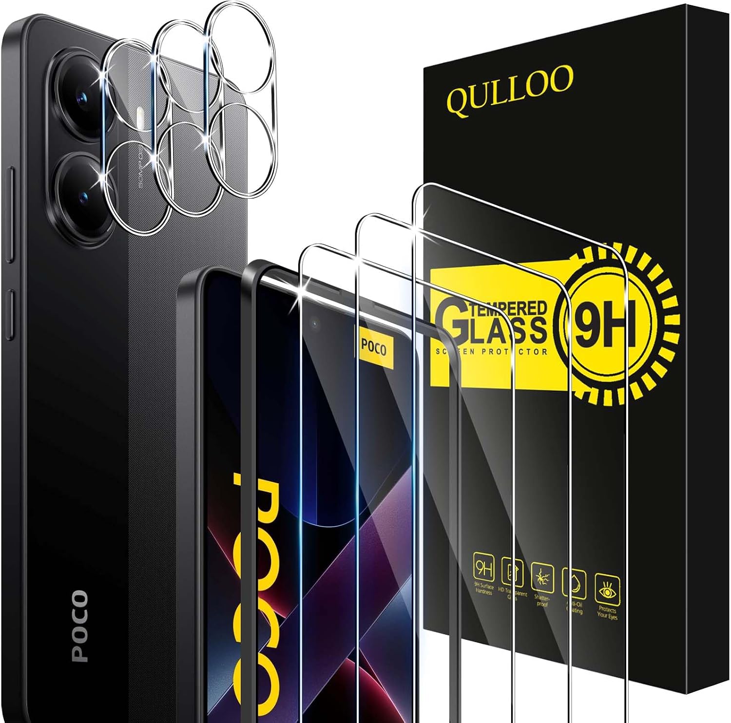 QULLOO Ochraniacz ekranu do Xiaomi Poco X7 Pro 5G, zestaw 3 ochraniaczy ekranu z 3 osłonami aparatu, szkło hartowane o twardości 9H, przezroczyste szkło ochronne HD, folia odporna na zarysowania