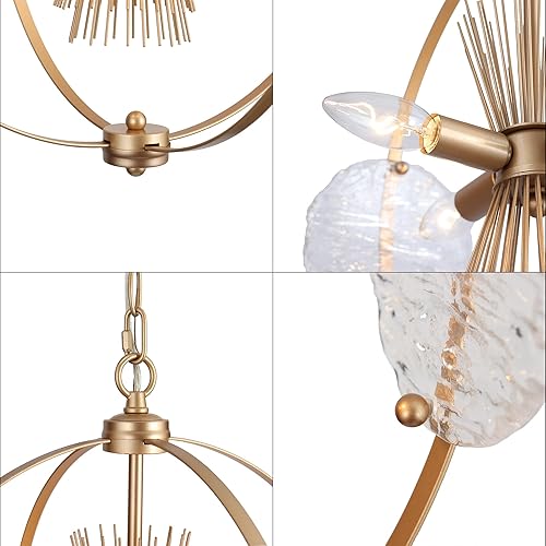 Miniatura 6 de Durent Lighting Lámpara de araña dorada de 4 luces Sputnik moderna con paneles de vidrio ondulado para comedor, isla de cocina, dormitorio,