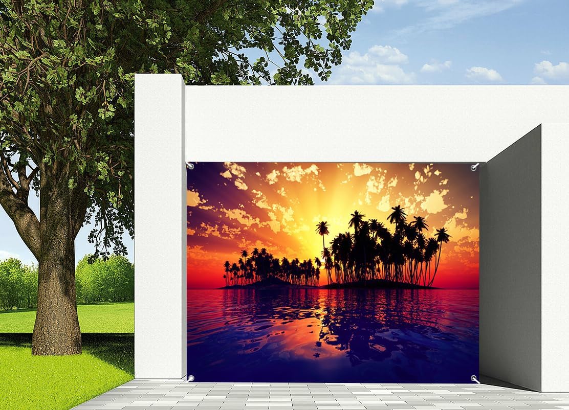 7x8ft Seaside Sunset Garage Door Decor Tropical Ocean Summer Coconut Palm Shadow Trees Forest Island Beautiful Landscape Garage Decoration for Children Adults Photo Booth Props