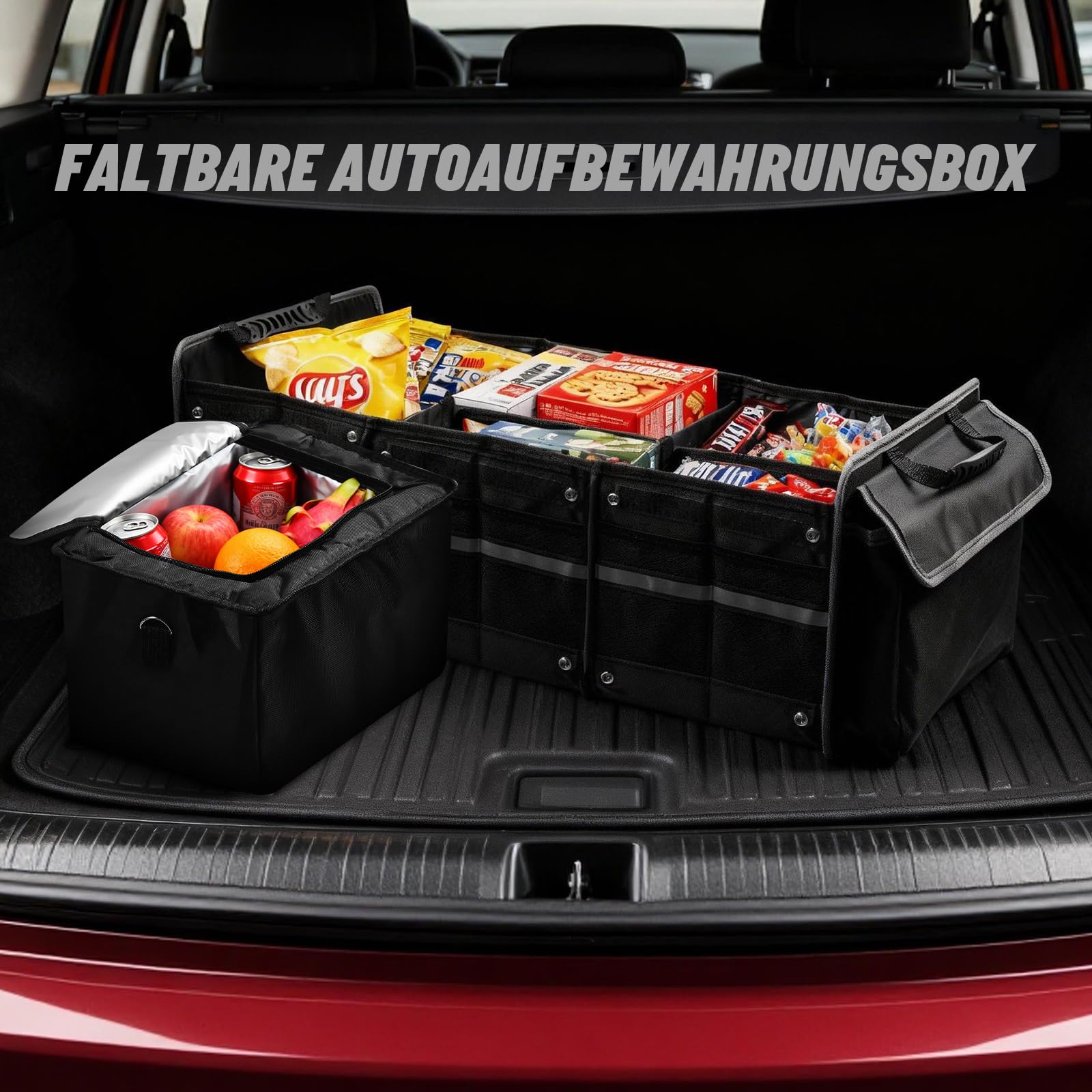 Organizer per bagagliaio auto, 94 l, pieghevole 5 in 1, con borsa termica integrata, 3 scomparti extra grandi e coperchio, contenitore regolabile per SUV Kombi, campeggio e uso quotidiano