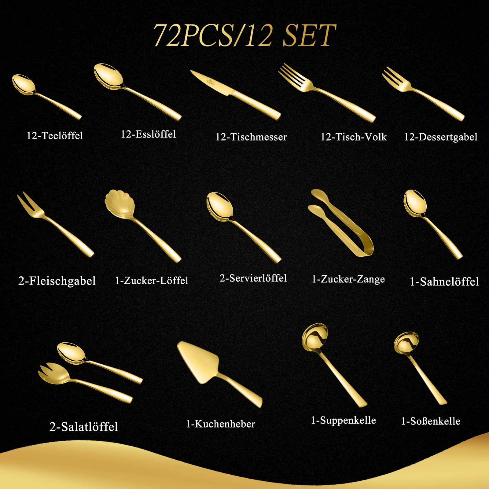 LB Set di posate in acciaio INOX 18/10 lucido, 72 pezzi, con coltello, forchetta, cucchiaio, cucchiaino, posate in acciaio inox per 12 persone, lavabili in lavastoviglie (FTS-72CB-2036