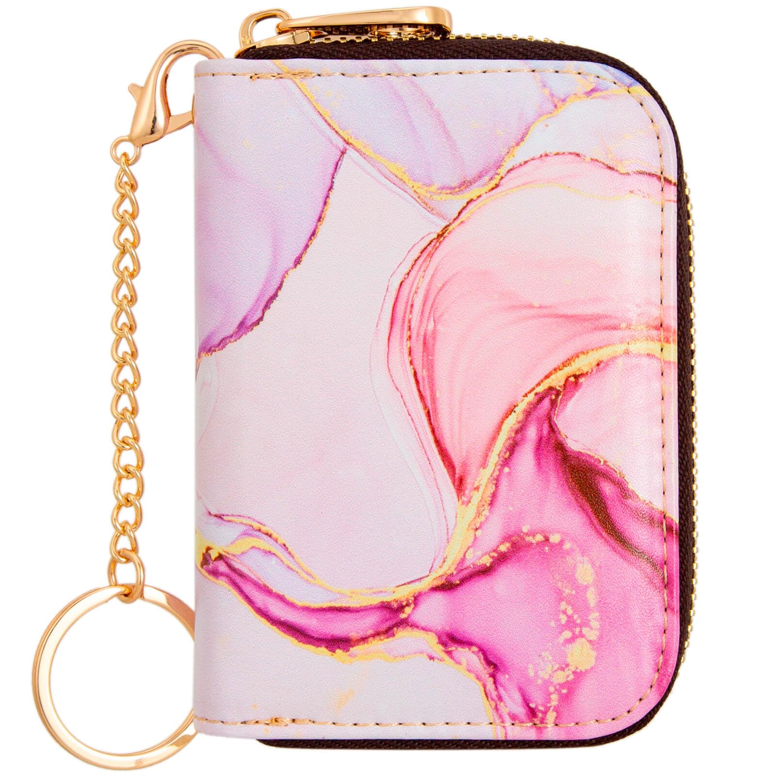 Kaabao Credit Card Holder, RFID Blocking Wallet for Women Small Slim Leather Wallets with Keychain Zipper Business Cards Case (Pink Marble Texture)