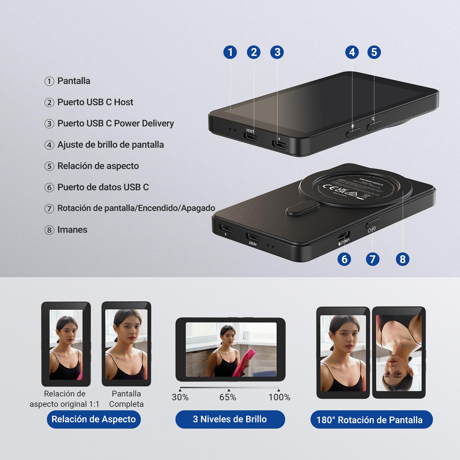 NEEWER 4" Magnético Vlogs Selfies Monitor Pantalla,4K 120fps Cable Grabación para DP Enabled Phone,Back Camera Monitor con Remoto para Youtube TikTok Video Streaming,NO Compatible con iPhone Air, M4C