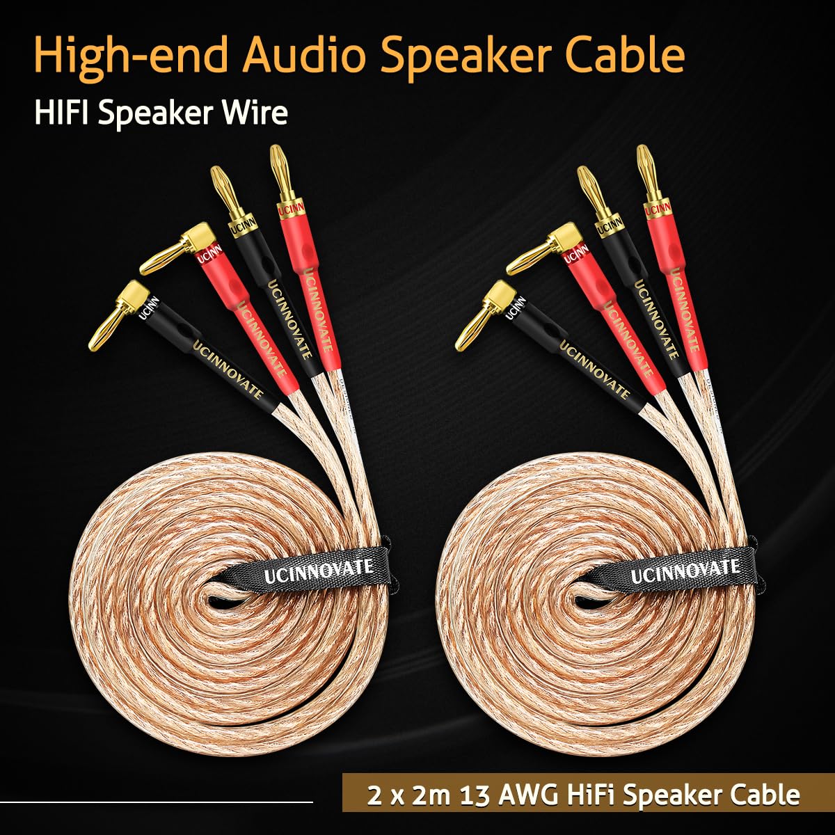 UCINNOVATE Confezione da 2 cavi per altoparlanti da 13 AWG con connettori a banana, 2 cavi per altoparlanti HiFi da 2 m con connettori a banana ad angolo retto placcati in oro da 4 mm, cavo audio