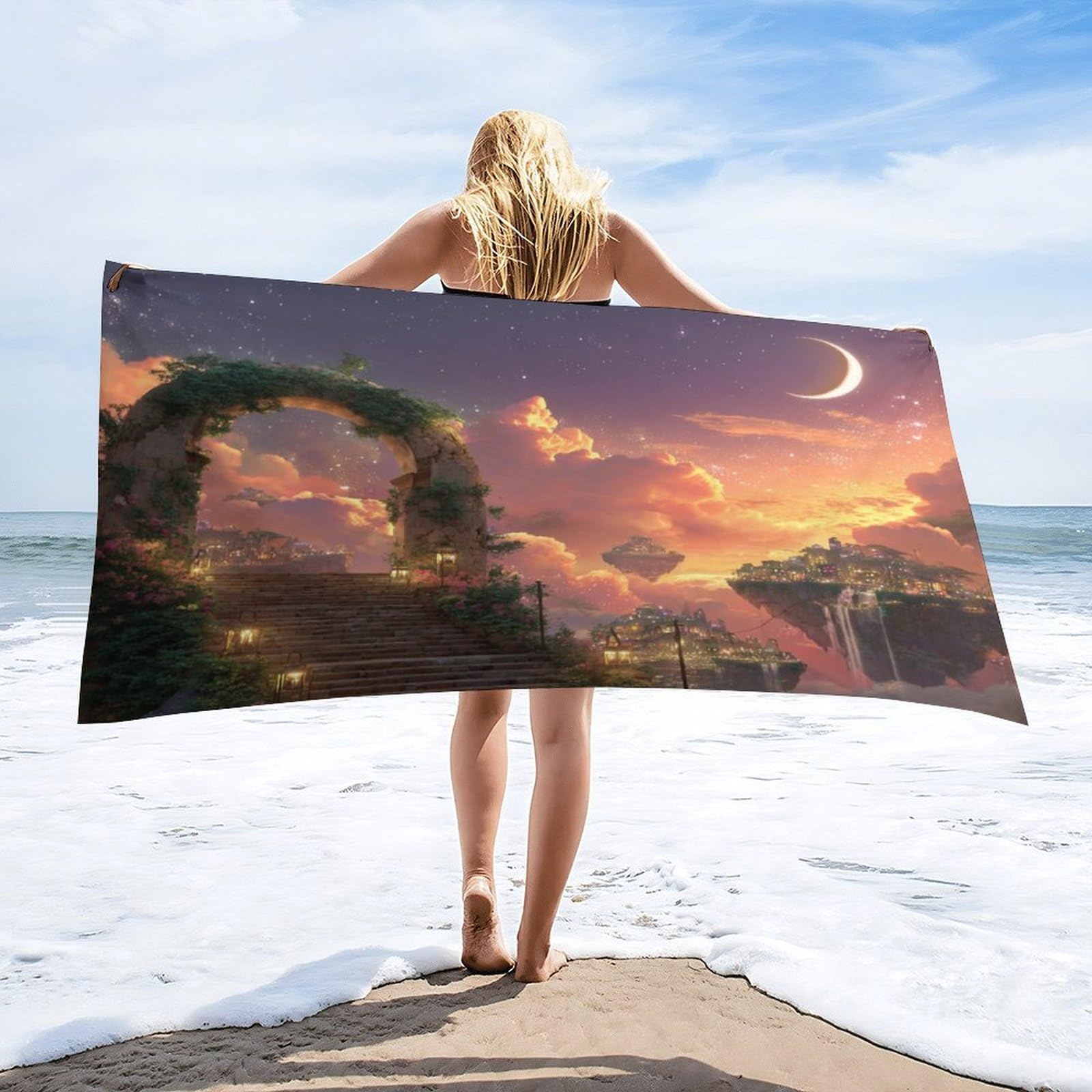 LUYYSKY Beautiful Fantasy Floral Arch Quick-Drying Beach Towel, Mid Century Aesthetic Starry Sky Enchanted Garden Castle Travel Vacation Single Sided Pile Bathroom Towels-80 W cm x 160" L cm