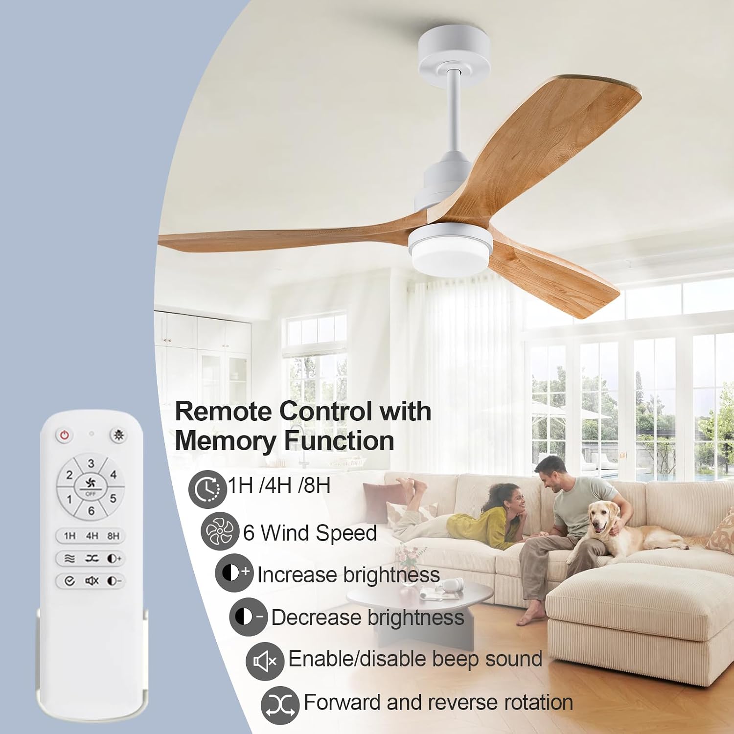 52 Inch Outdoor Ceiling Fans with Lights and Remote Control, Dimmable Outdoor Ceiling Fans for Patios 3 Blade Wood White Natural Wood Bedroom Ceiling Fan with Light, Wall Switch