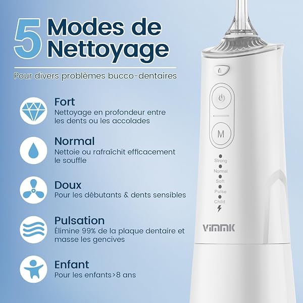 VIMMK Jet Dentaire Hydropulseur et Irrigateurs Oral avec 5 Modes de Pression d'eau et 8 Embouts Remplaçables, Rechargeable et Étanche IPX7, Réservoir 300ML (Blanc) - 2