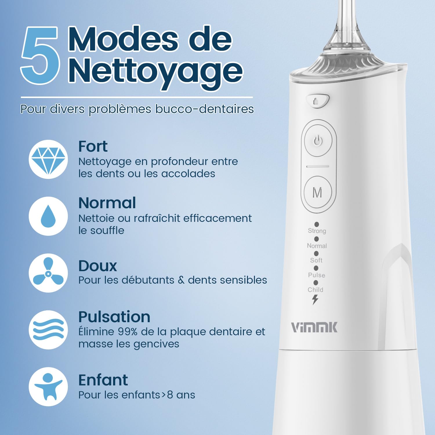 VIMMK Jet Dentaire Hydropulseur et Irrigateurs Oral avec 5 Modes de Pression d'eau et 8 Embouts Remplaçables, Rechargeable et Étanche IPX7, Réservoir 300ML (Blanc)