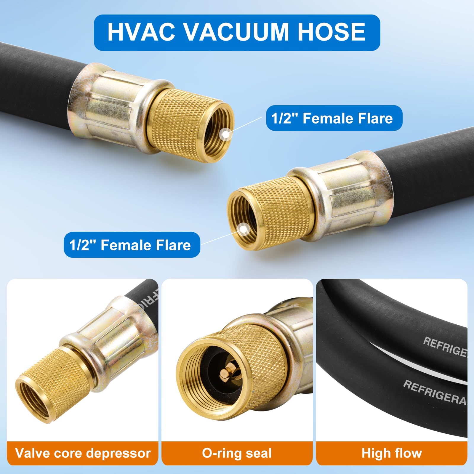 1,27 cm Vakuum-Kältemittelschlauch, hoher Durchfluss, HVAC-Kältemittelschlauch, 1/2 FL für R410A, R134A, R407C, R502, R12, R22-System, 640 PSI Arbeitsdruck, 152,4 cm, schwarz, AC-Aufladung