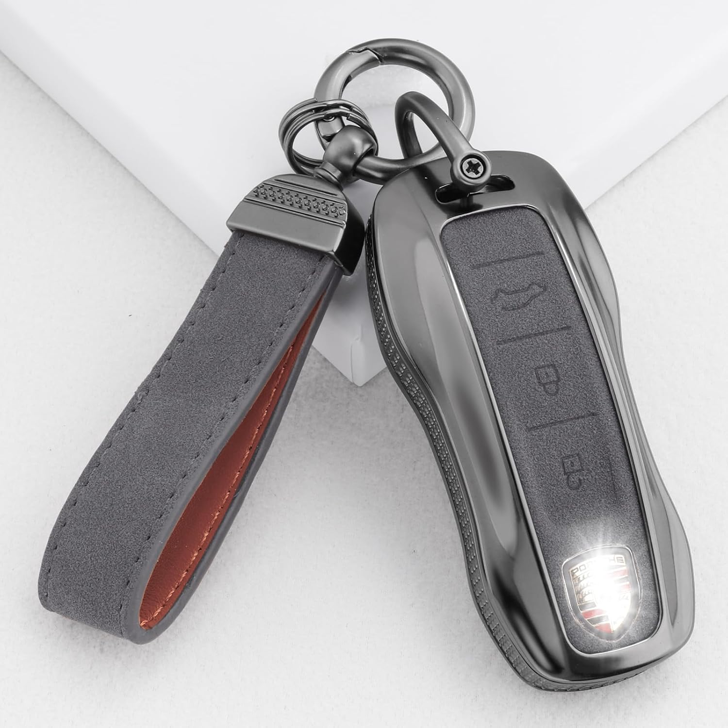 YO&YOYE Compatible with Porsche Key Fob Cover with Keychain Leather Key Case Protector Fit for Porsche Cayenne 911 Taycan Panamera, Grey - Image 6