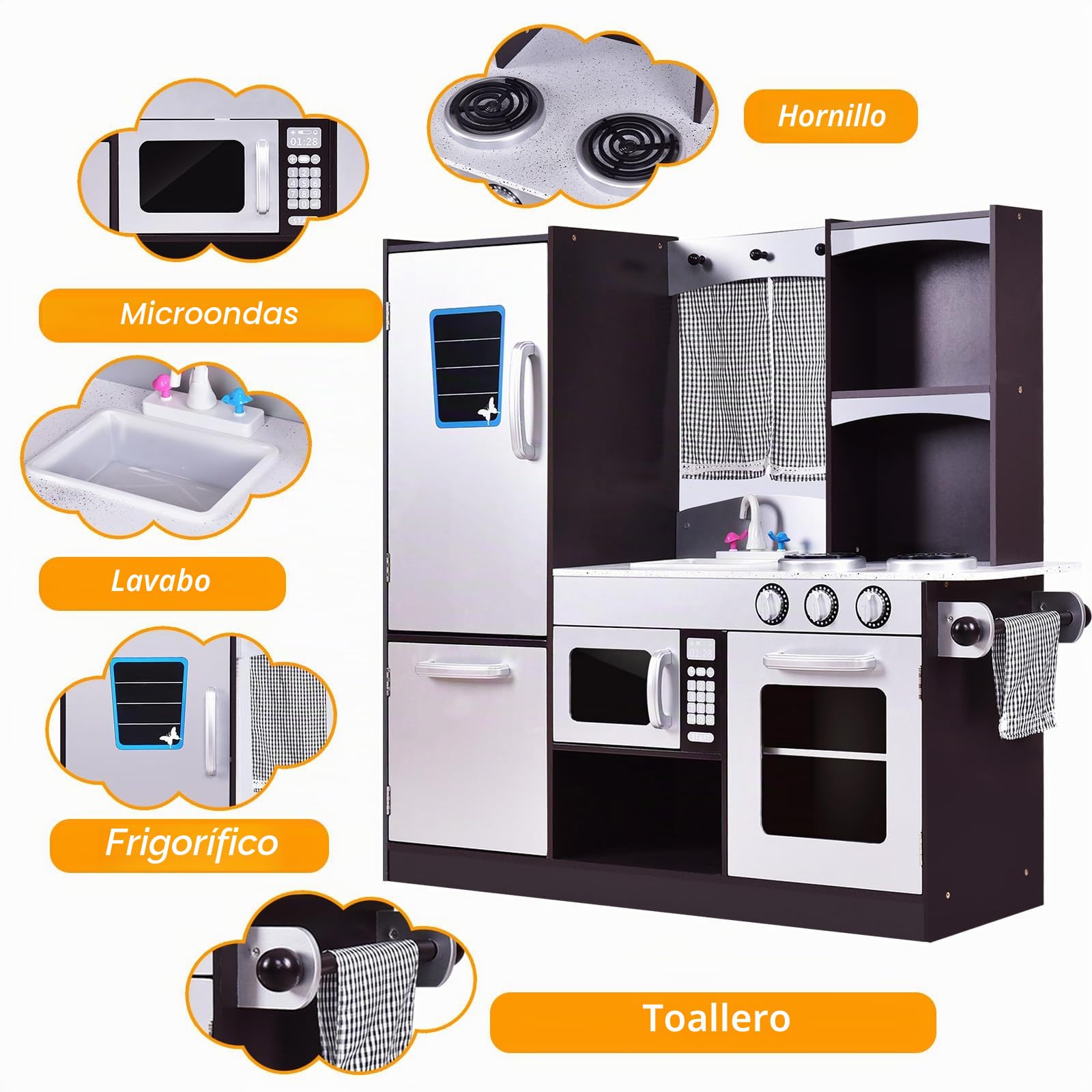 RELAX4LIFE Cocina Juguete de Madera para Niños, Cocinita Infantil con Horno, Microondas, Estufa, Nevera, Accesorios Realistas, 2 Estantes, Cocina Infantil para Niños 3+ Años