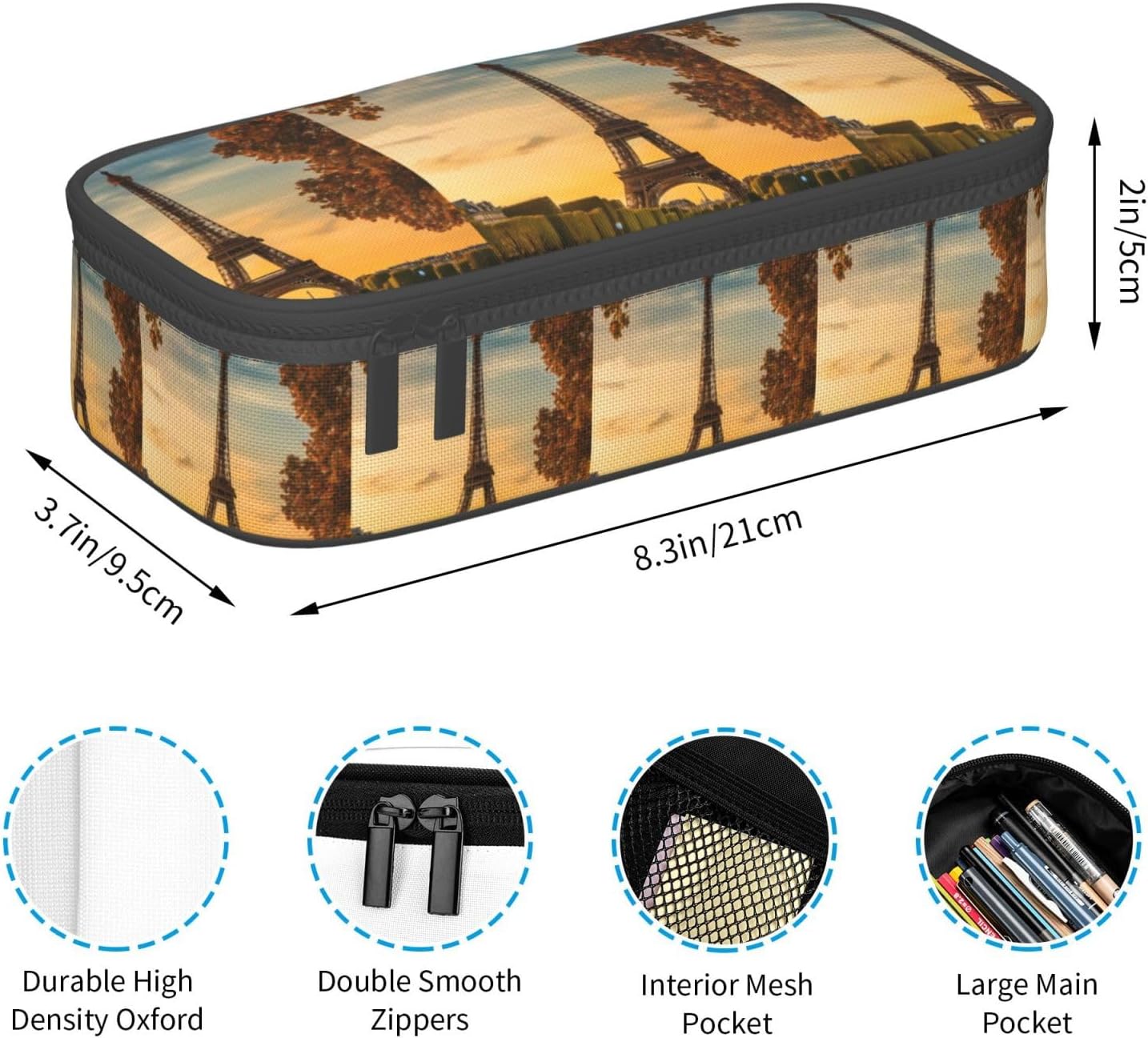 Eiffel Tower Paris Autumn Print Large Capacity Layered Pencil Pouch, Zipper Storage Bag with Mesh Pocket & Pen Slots image 5