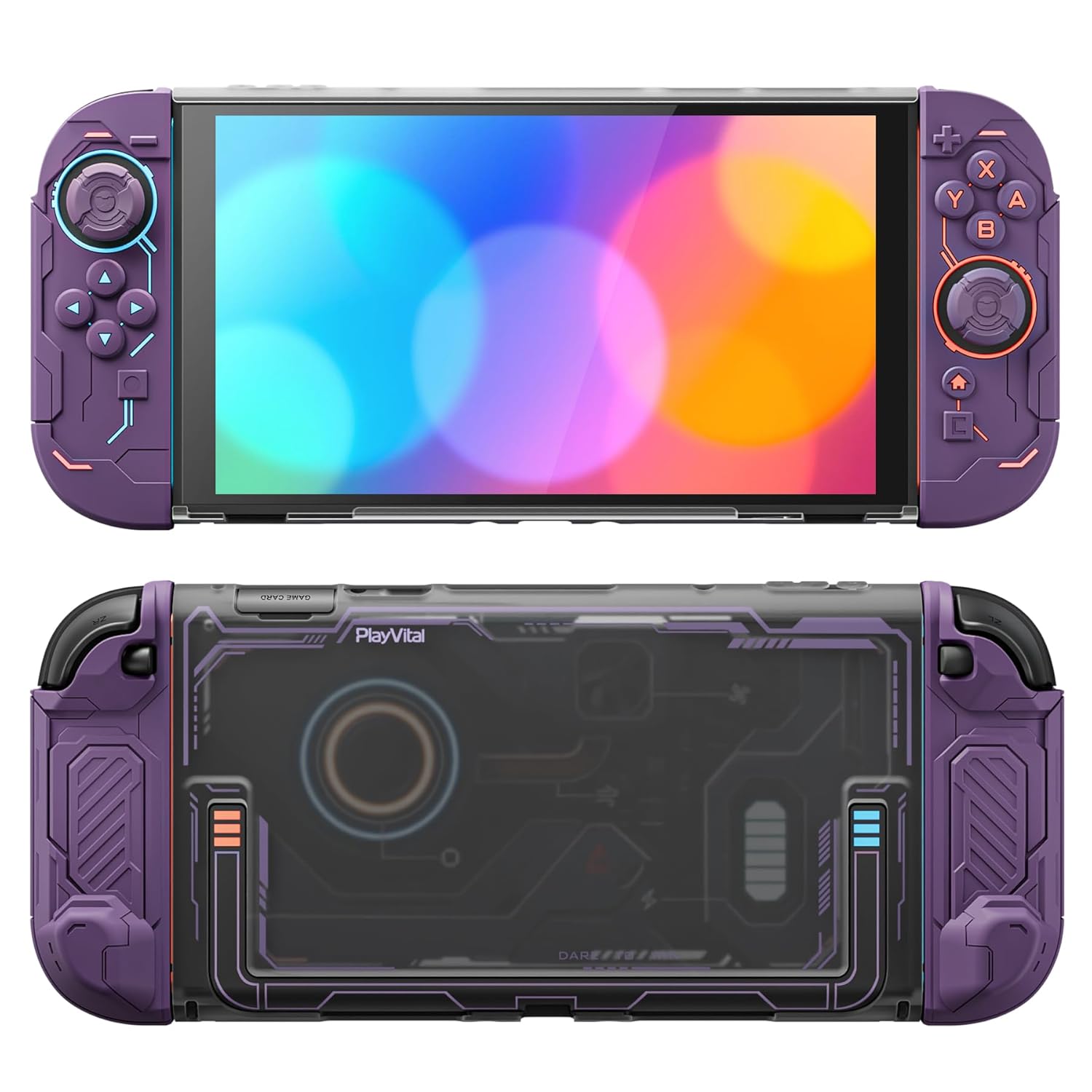 PlayVital Protective Case for Nintendo Switch 2, Stellar Mecha Ergonomic Anti-slip Silicone Grip Cover, Dockable Hard Case Shell for Switch 2 with Joystick Cap & Sticker - Smoky Purple