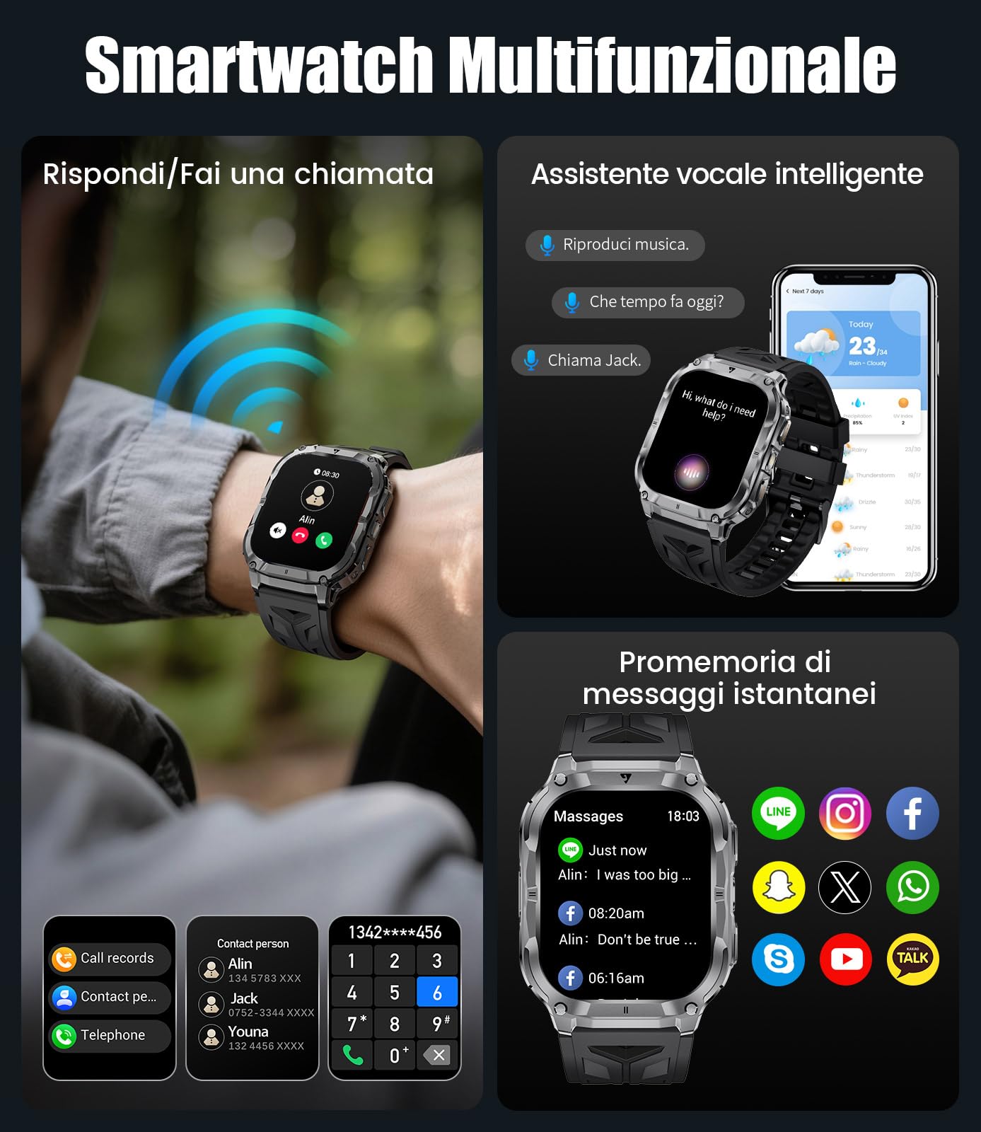 BENYAR SMART Smartwatch Uomo Militare 2.0" con Chiamate Bluetooth, 1000mAh, Torcia LED, 100+ Modalità Sportive, Monitoraggio della salute, IP68 Impermeabile, 3 Cinturini per Android iOS, Silicone