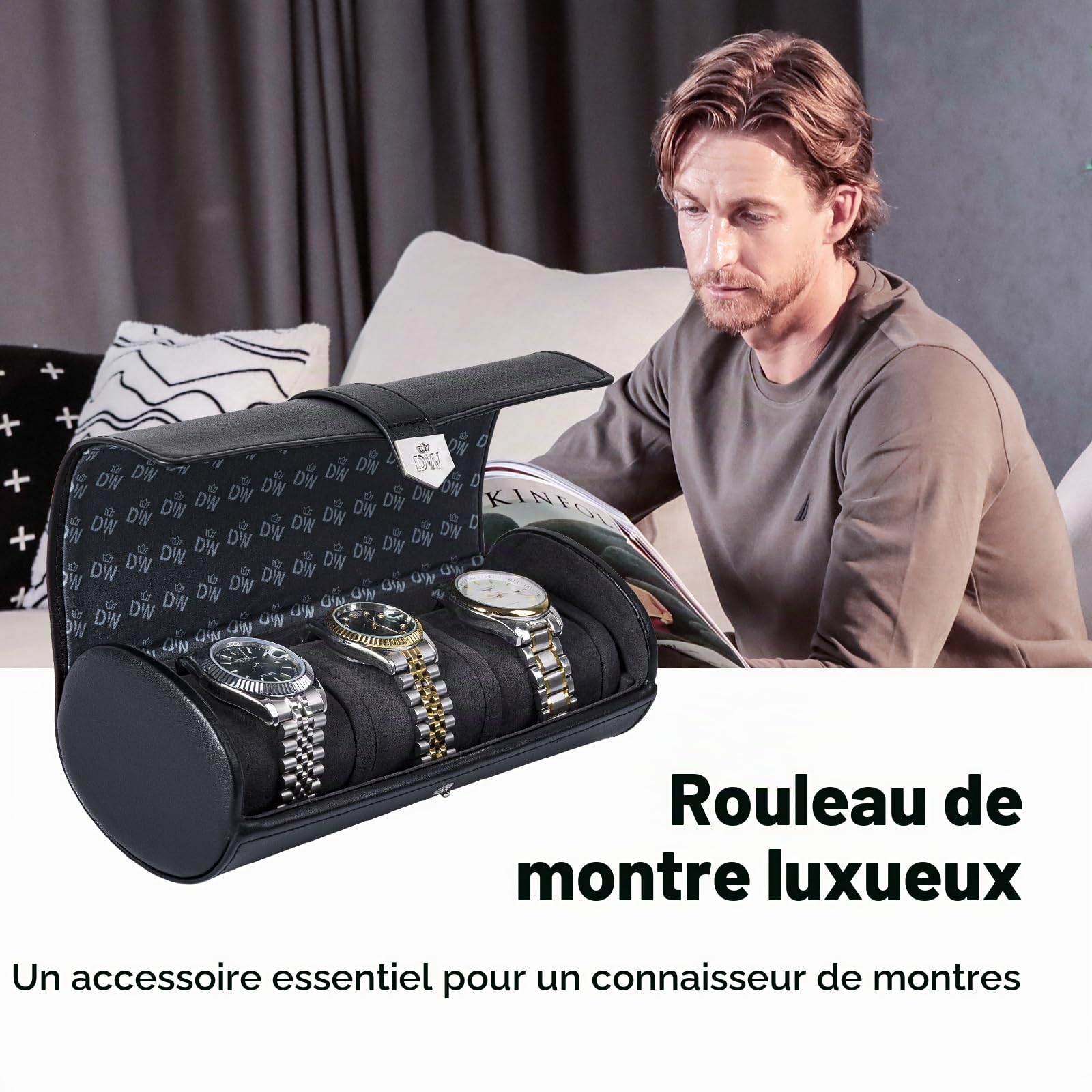 XTELARY Rouleau de montre pour 3 montres - Étui de voyage avec coussin amovible pour homme et femme - Vitrine en cuir pour collection de montres et cadeau d'anniversaire - Noir