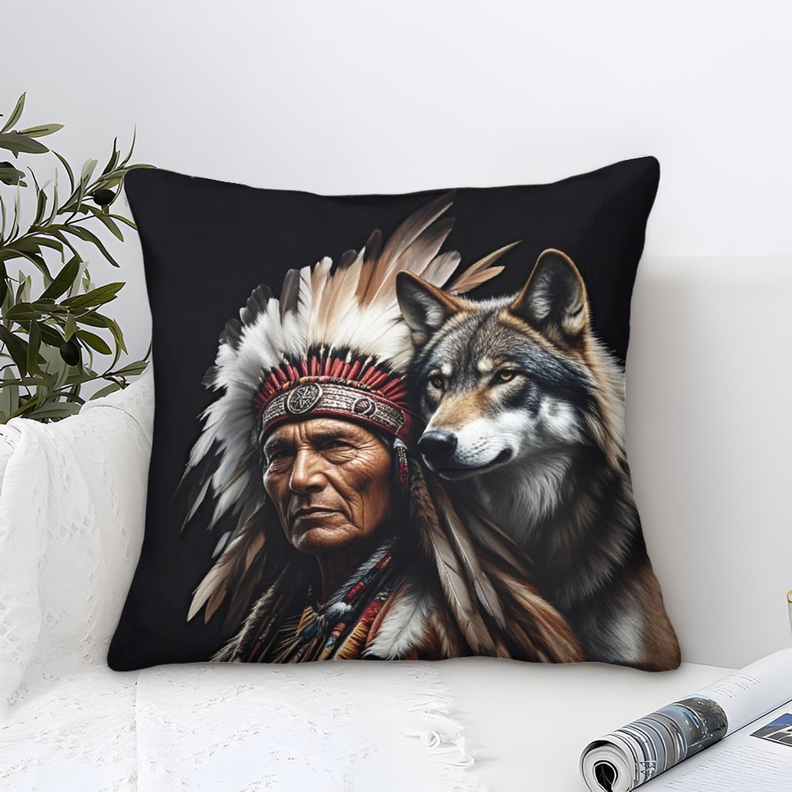 XiaopangXY Native American Throw Pillow Covers 40x40cm, Mossigan Wolf Cushion Covers for Home Sofa Bed Couch for Kids Boys Girls