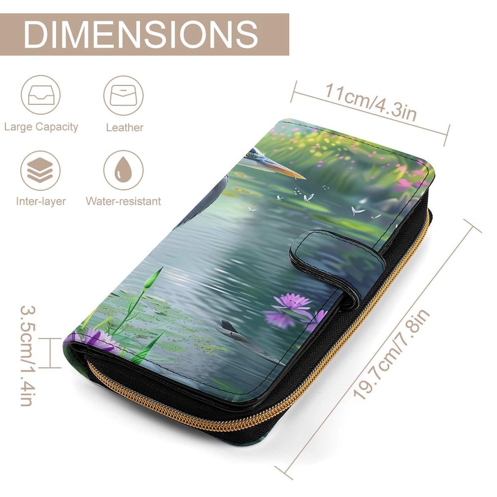 Biding Time Great Blue Heron Leather Long Pouch Wallet for Men And Women Large Capacity Clutch Cash Wallet with Zippered