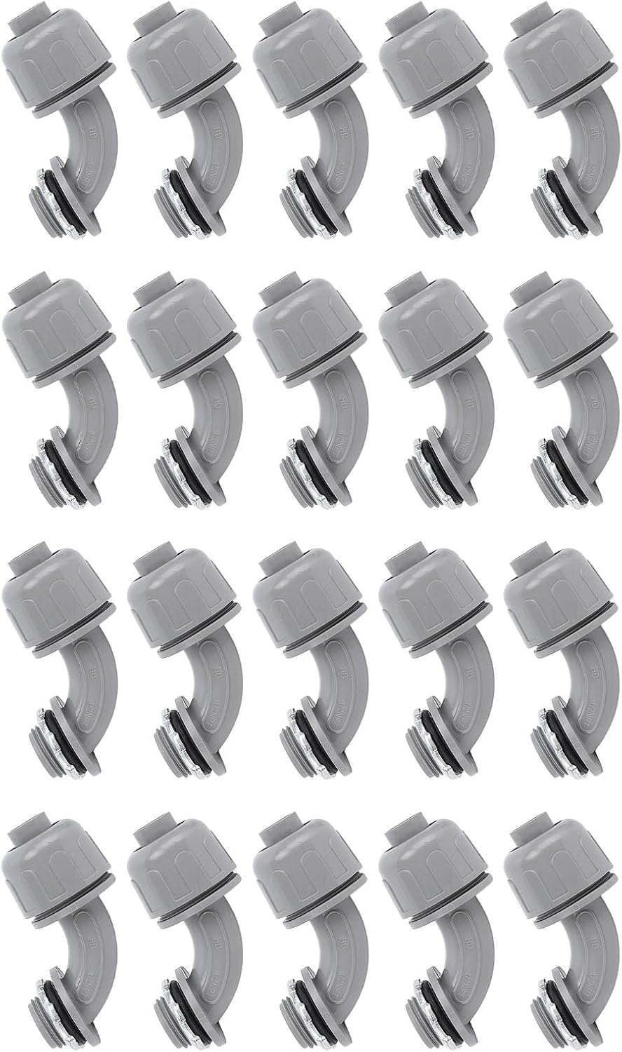 20PCS Liquid-Tight 90° Nylon 6 Conduit Connectors, /2 Inch NPT PVC Fittings for HVAC & Electrical Applications – Compatible with UL-Listed Flexible Conduits