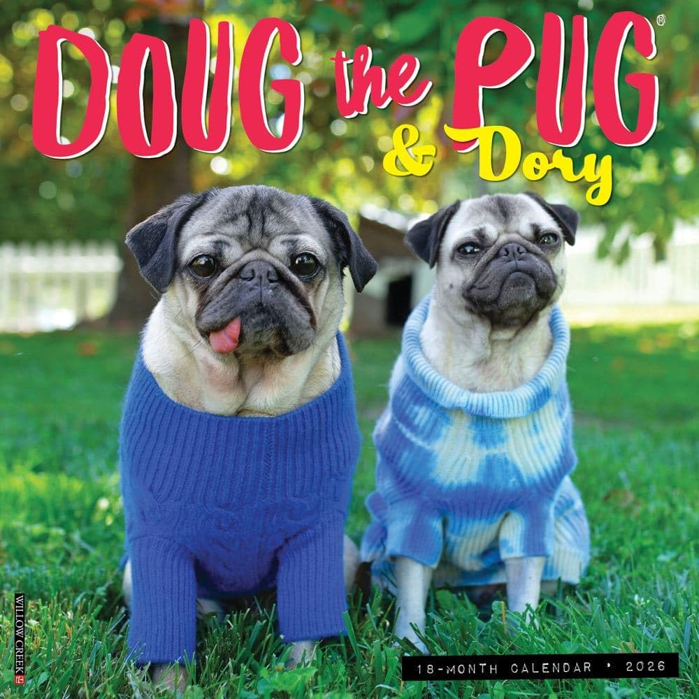 Willow Creek Press, Doug the Pug 2026 Wall Calendar, 12'' X 12'', 18-Month Calendar with Stapled Binding