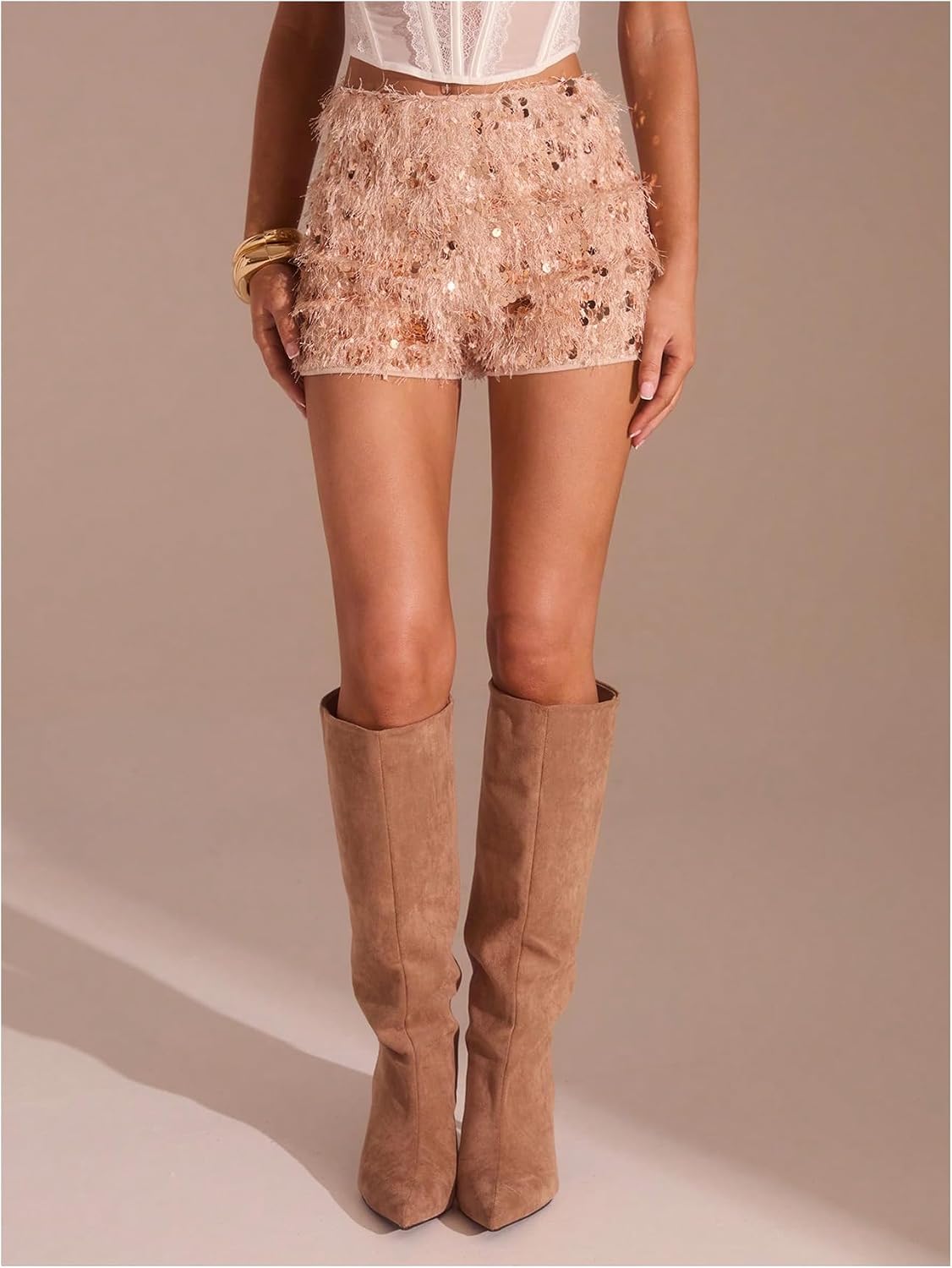Verdusa Women's Sequin Furry Fuzzy Rave Shorts Y2K Mini Shorts Going Out Outfits