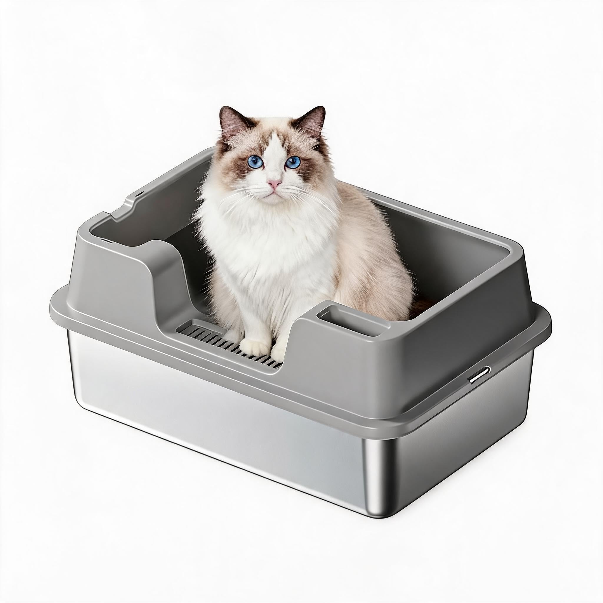 Katzenklo aus Edelstahl Hohe Seiten, Halbgeschlossen, Geruchshemmend 60×40×27 cm