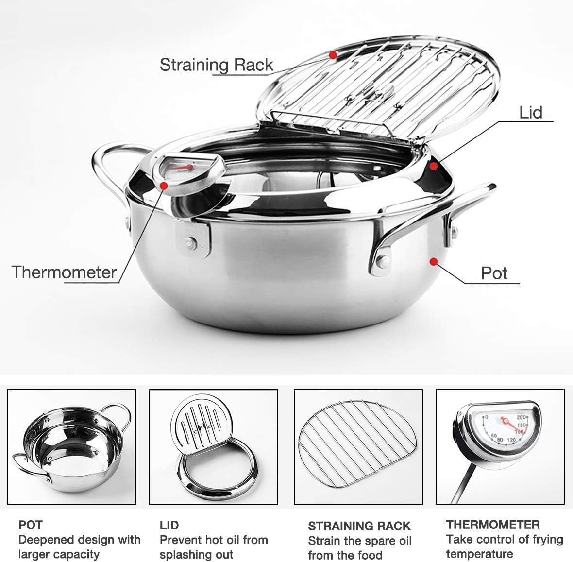 Tempura Fry Pot, Stainless Steel Tempura Deep Fryer with Thermometer, 8 Inches, Mini Size Perfect for 2-3 People - Image 3