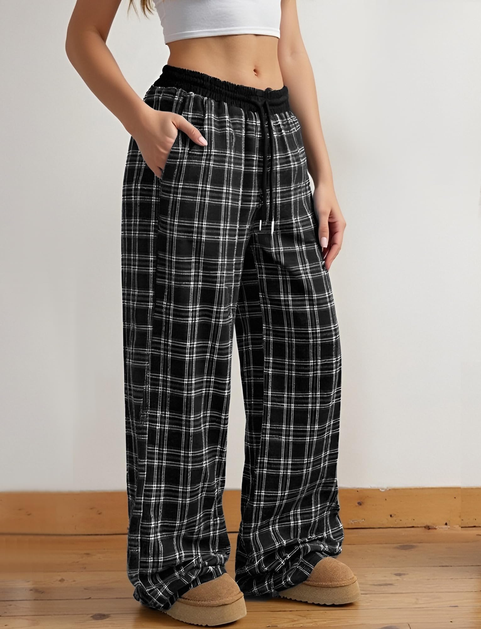 Damen Vintage Karierte Hose Y2K Freizeithose mit Weitem Bein Lange Jogginghose mit Taschen Lockere Loungehose Low Waist Sporthose Streetwear