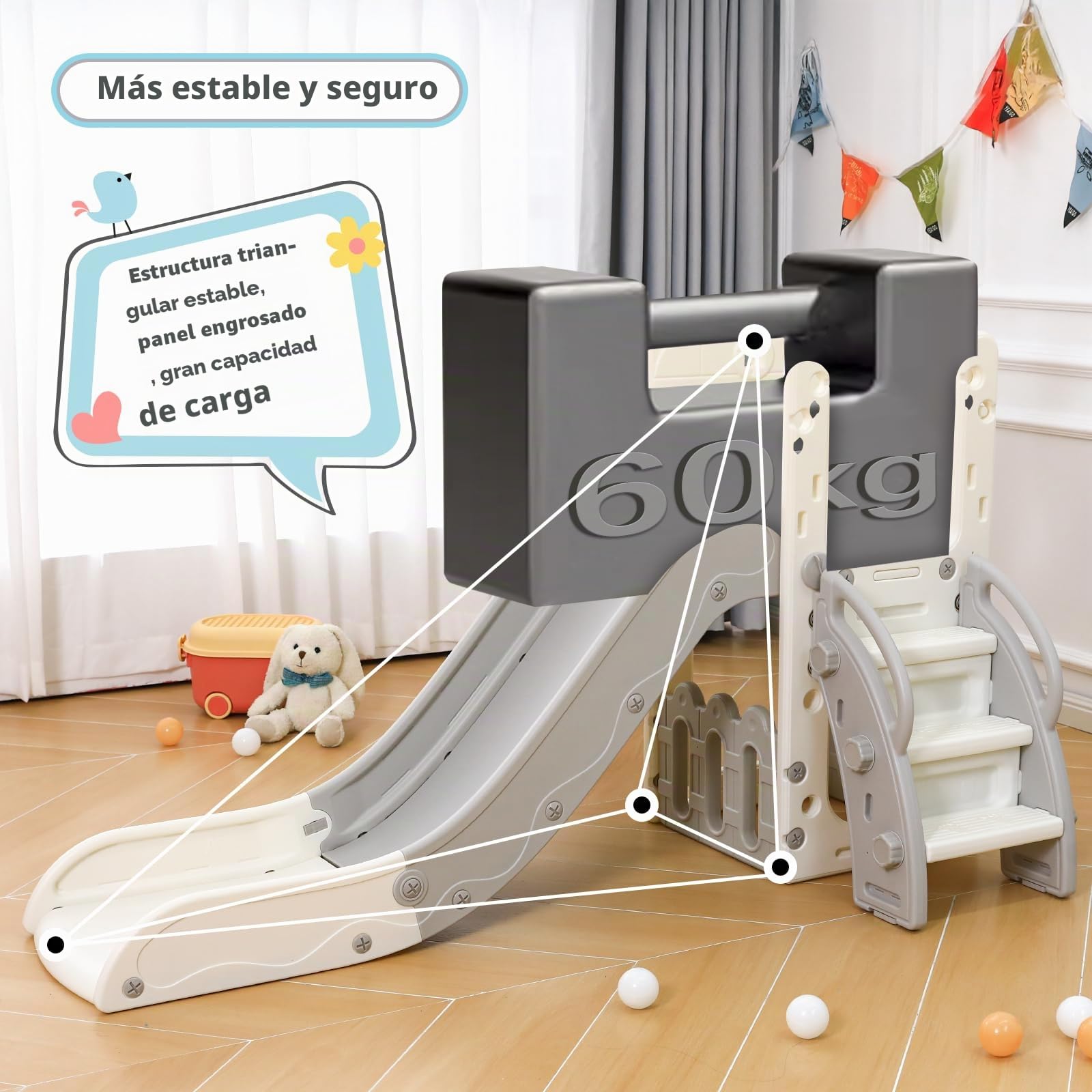 Tobogán Infantil, Tobogán para Niños 4 en 1, Toboganes Independientes, Tobogán Infantil Interior y Exterio, con Tobogán Largo, Escalada, Telescopio de Juego, Almacenamiento, Carga 60 kg, Gris Blanco