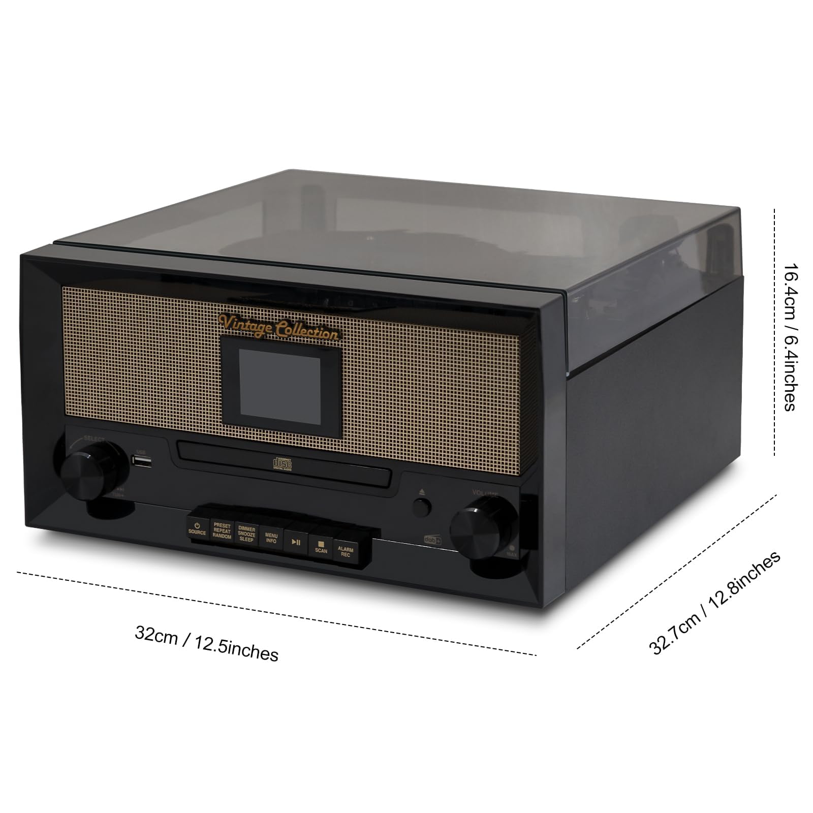 Tocadiscos con altavoces estéreo dobles integrados, tocadiscos de vinilo inalámbrico 9 en 1 de 3 velocidades con disco CD, combo de radio PLL FM/DAB, reproducción y grabación USB, conector para