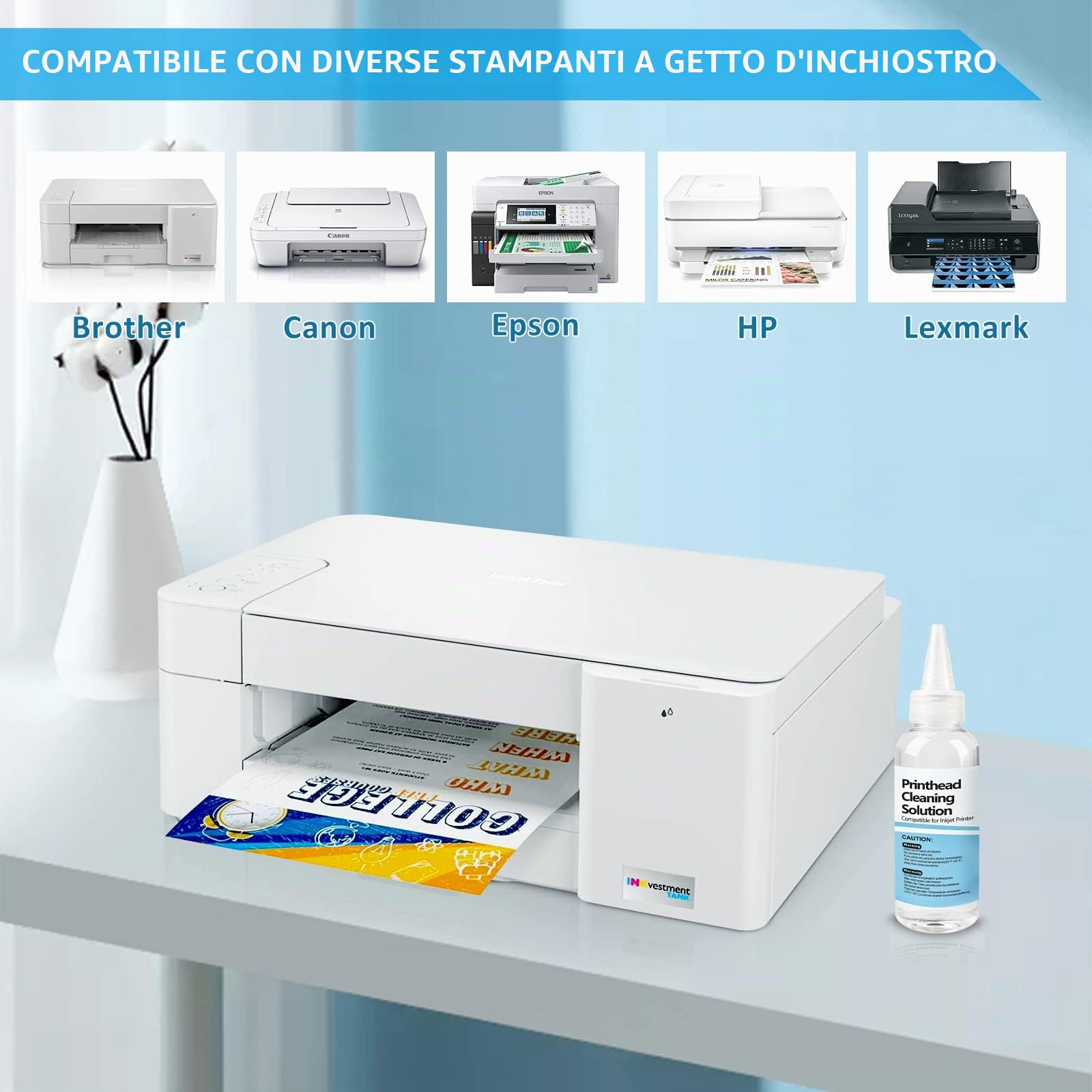 Kit Pulizia della Stampante Pulitore per Ugelli della Stampante Liquido per la Pulizia delle Testine di Stampa per Canon Epson HP Brother Samsung 100 ml