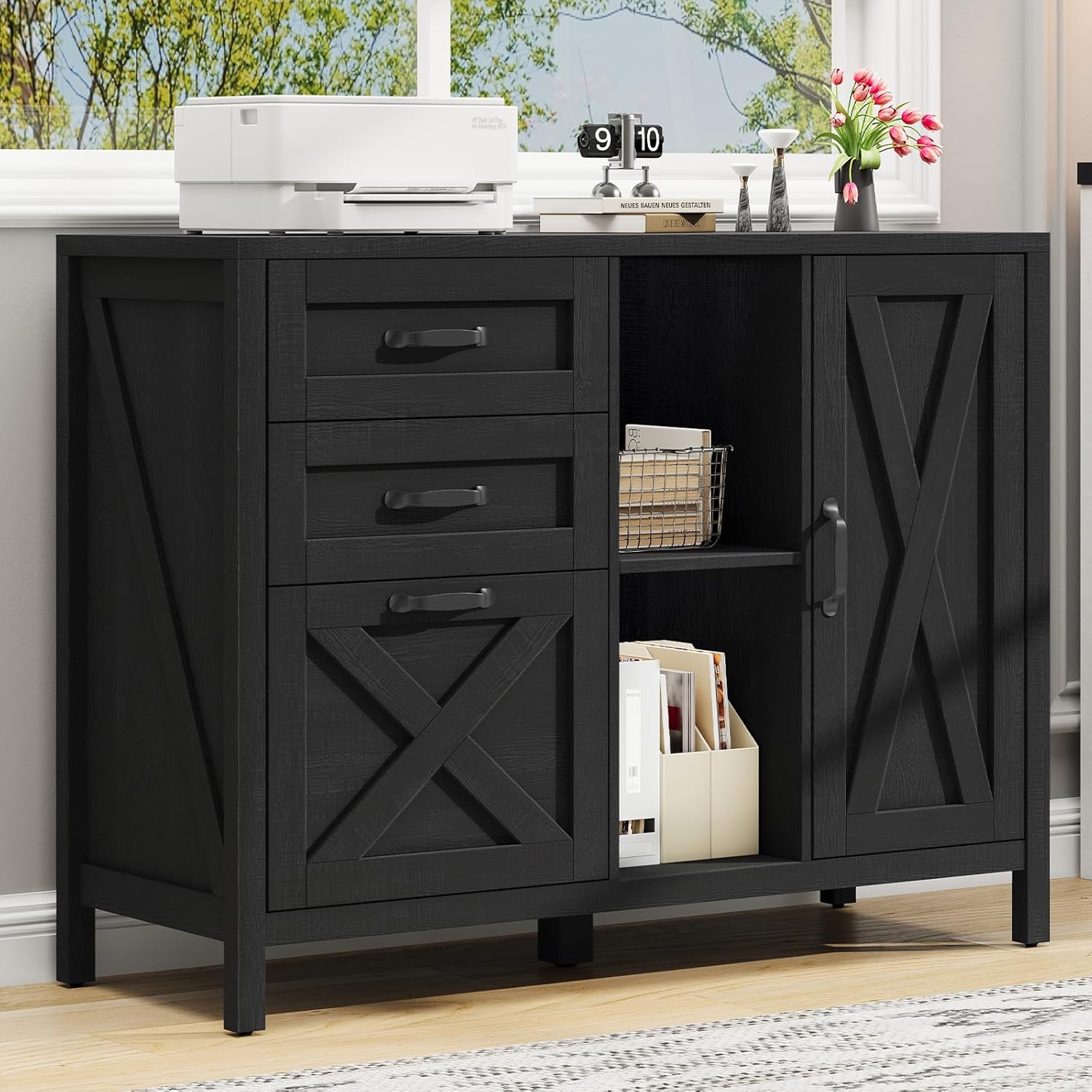Vabches Lateral File Cabinet, Farmhouse 3 Drawer File Cabinet with Open Storage Shelf for Letter/Legal/A4 Size Hanging Files, Large Wood Storage Cabinets Printer Stand for Home Office, Black