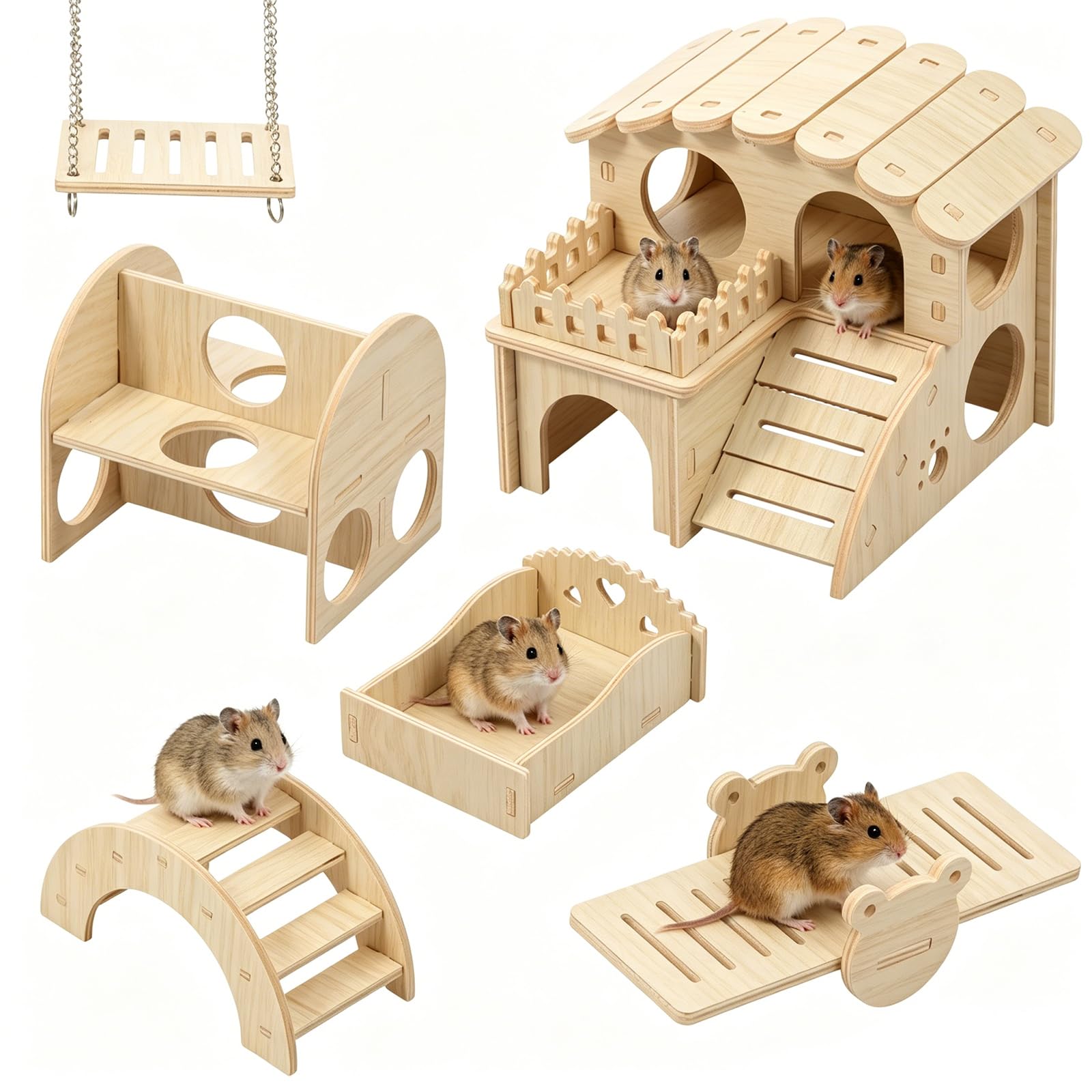 Hamster House, 6PCS Wooden Hamster Cage Accessories Set Include Swing, Bridge, Two Layer Villa, Frog Seesaw and Cooling Bed, Wooden Hamsters Toy for Chinchilla, Guinea Pigs and Gerbil
