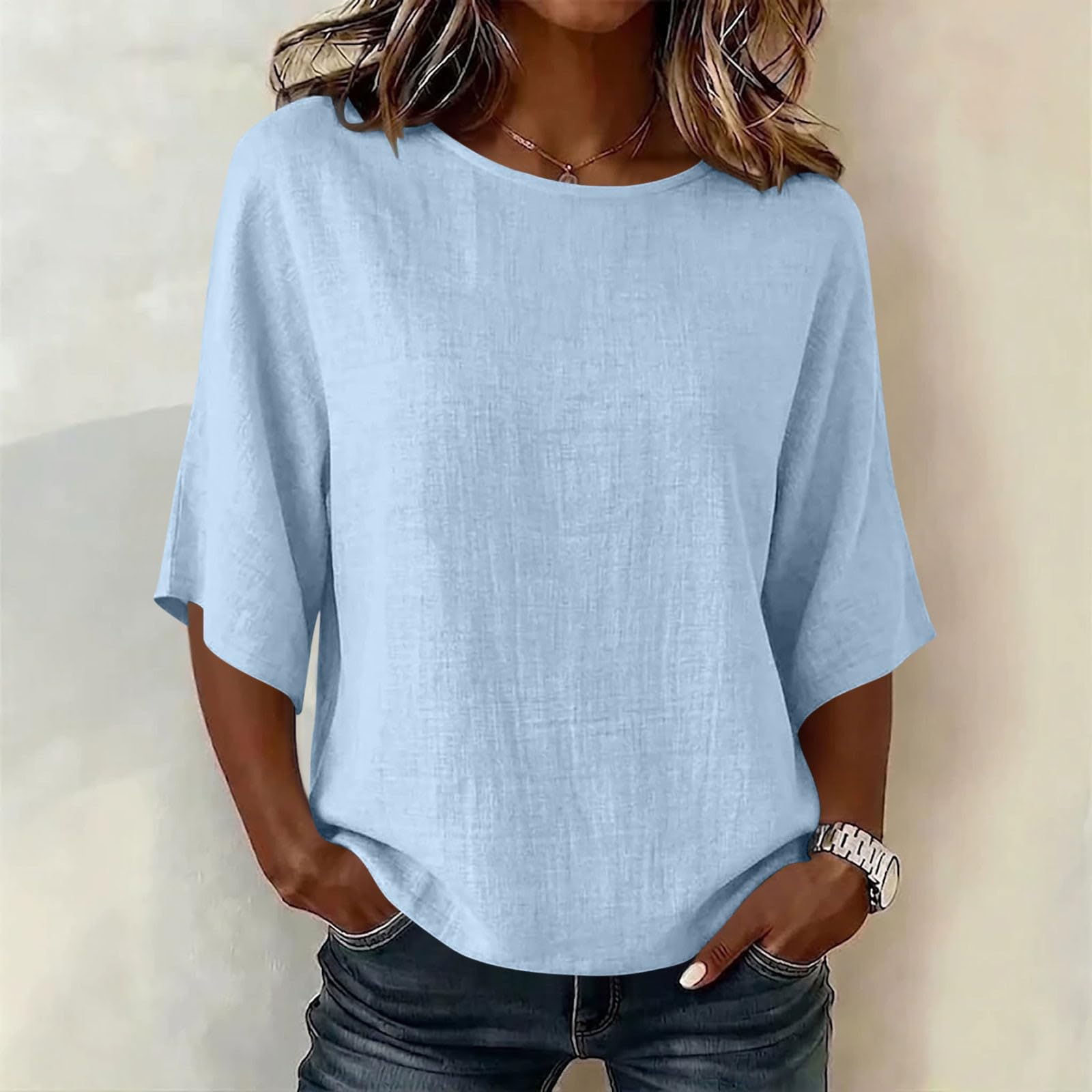 T-Shirt Femme Manche 3/4 Haut Chic Élégant Tunique Ample Fluide Couleur Unie Blouse Décontractée Coupe Droite en Maille Légère pour Look Quotidien Casual