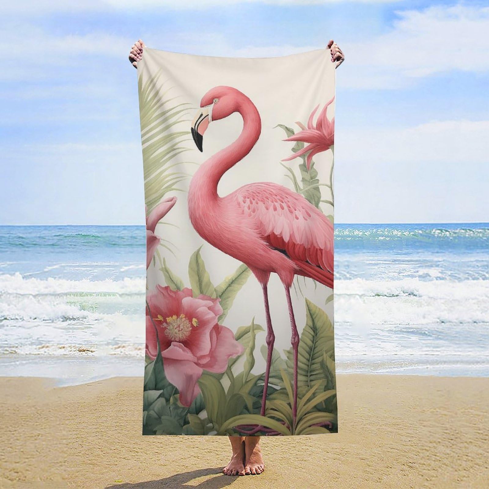 NTVOWPZO Flamingo and Leaves Beach Towel Oversized Microfiber Bath Towels Lightweight Sand Proof Beach Towels Absorbent Pool Towels for Swimming Yoga Bathroom Towel 31.5" X 63"