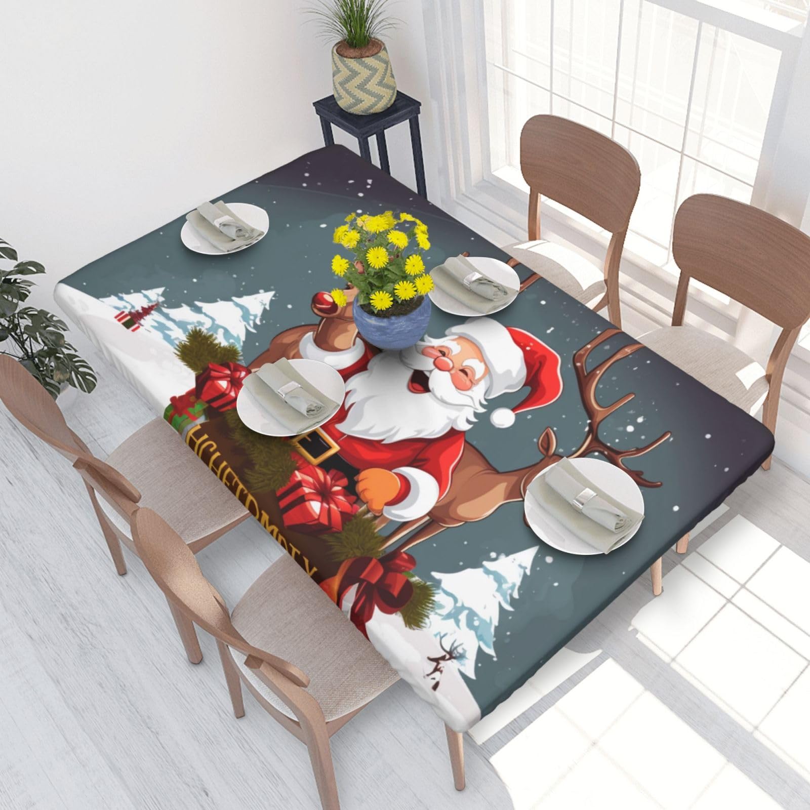 DCARSETCV Merry Christmas Printed 4FT Waterproof Tablecloth with Elastic Edged Protect & Decor Your Table, Oil-proof Washable Table Cloth Cover for Dinner Picnic Party