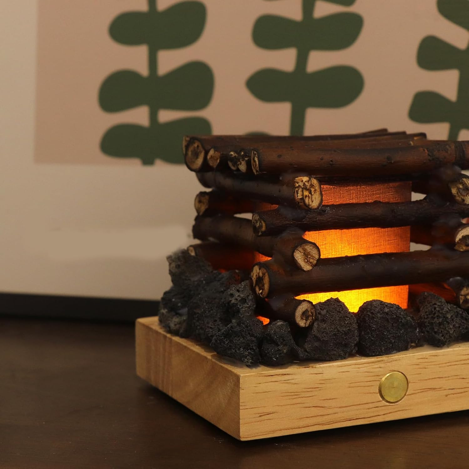 Flickering Campfire Night Light, USB Rechargeable 3 Mode White Noise LED Fire Lamp White Noise LED Faux Night Light for Desk, Sound Effects, Romantic Ambiance