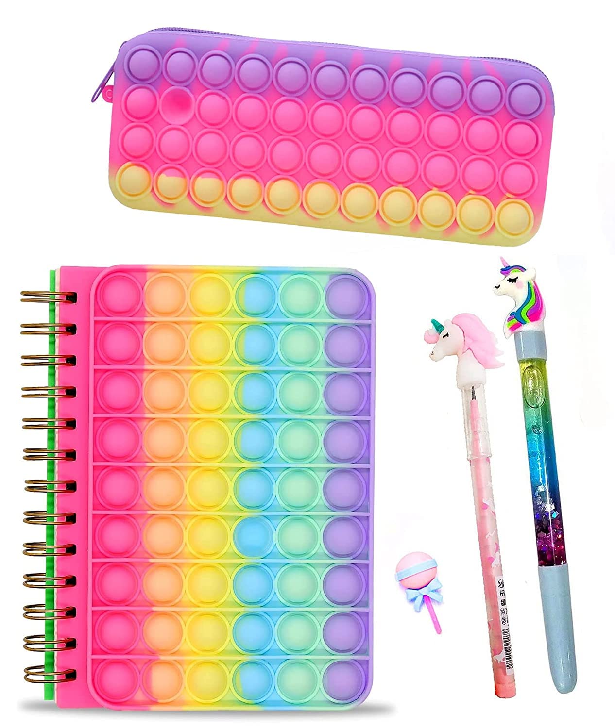 SAMVARDHAN 5pcs Pop It Fidget Diary Pop It Pencil Pouch with Stationery Unicorn Pen, Pencil and Desinger Eraser Birthday Gift Set School Stationer