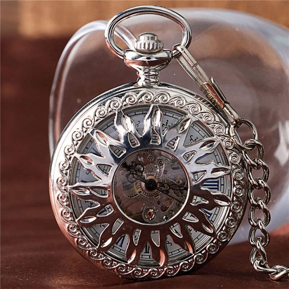 Zegarek kieszonkowy, fajny zegarek kieszonkowy Steampunk z różowego złota/srebra z pustym słońcem, mechaniczny, samonakręcany, zegarek kieszonkowy, zegarek szkieletowy z 30 kieszon