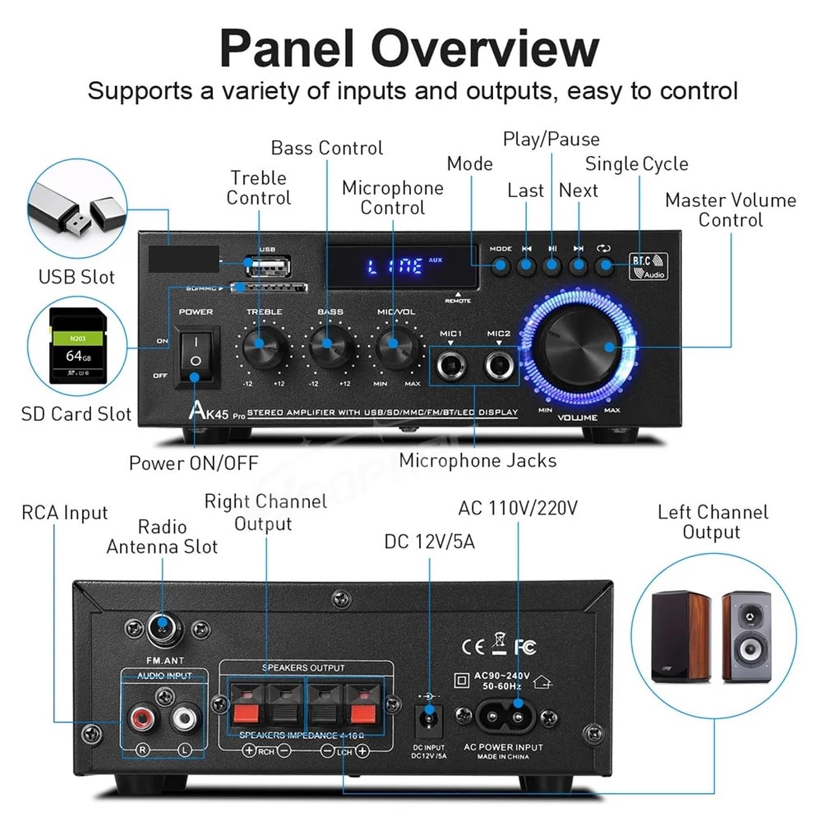 Wzmacniacz, Woopker wzmacniacz audio HiFi AK45 Pro cyfrowe wzmacniacze MP3 maksymalna moc wyjściowa 820W głośnik basowy FM obsługuje wejście 90-240V