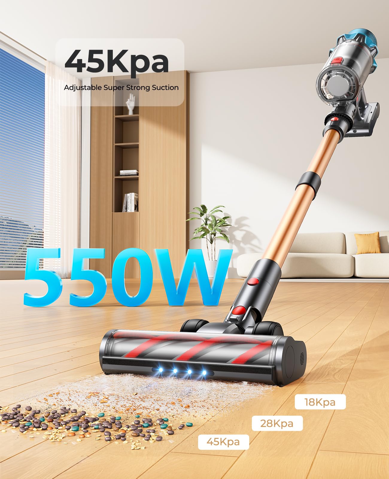 Bezprzewodowy Odkurzacz 45kPa/550W - Wydajny, 60 Min Pracy, Miotła Anty-Plątanina, Pionowy, Z Ekranem Dotykowym LED, 1,5 L Pojemności