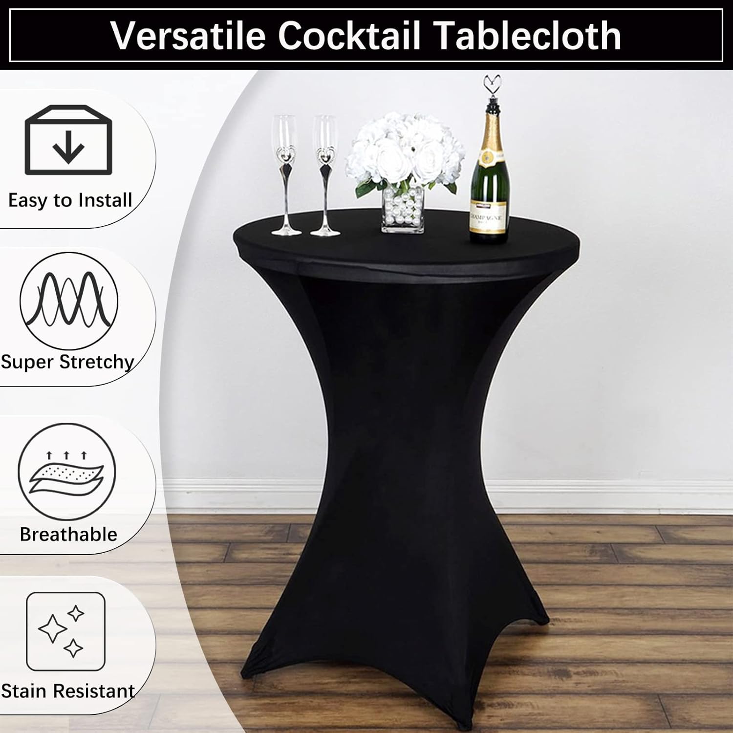 2 Pack 32x43 Inch Black Spandex Cocktail Table Covers, Fitted Round Cocktail Tablecloth, Stretch Highboy Table Cover Cloth for Wedding, Party, Banquet, Event